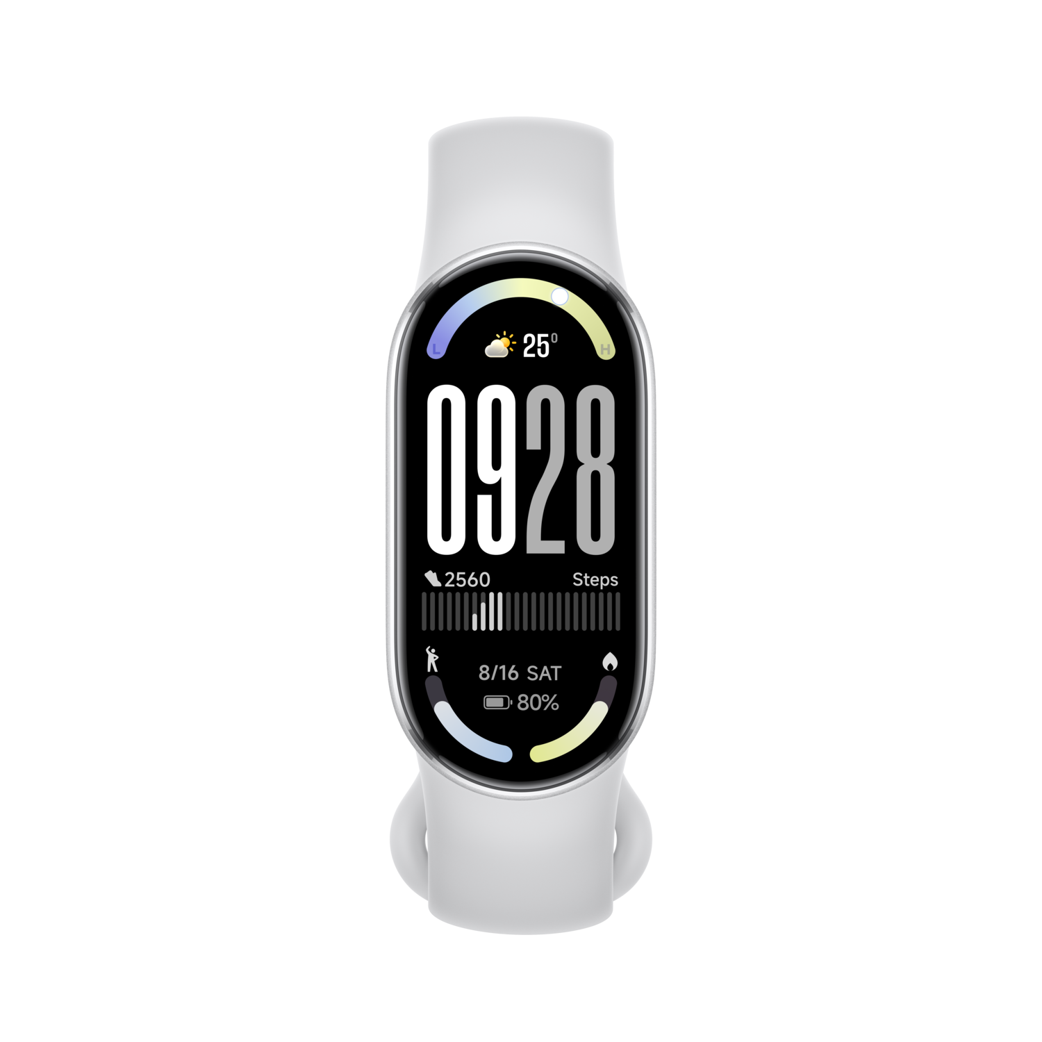 A white fitness tracker displays time 0928, steps 2560, date 8/16 SAT, and battery 80%. The background is black.