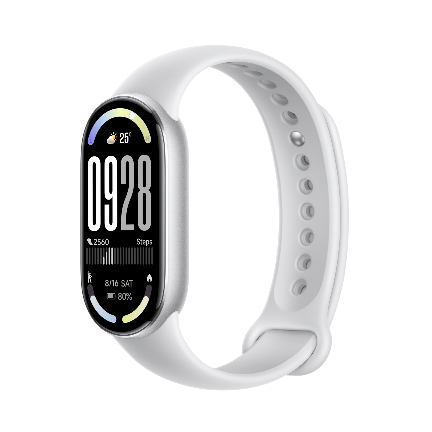 A white smartwatch on a black background. The watch displays the time, temperature, steps, date, and battery percentage.