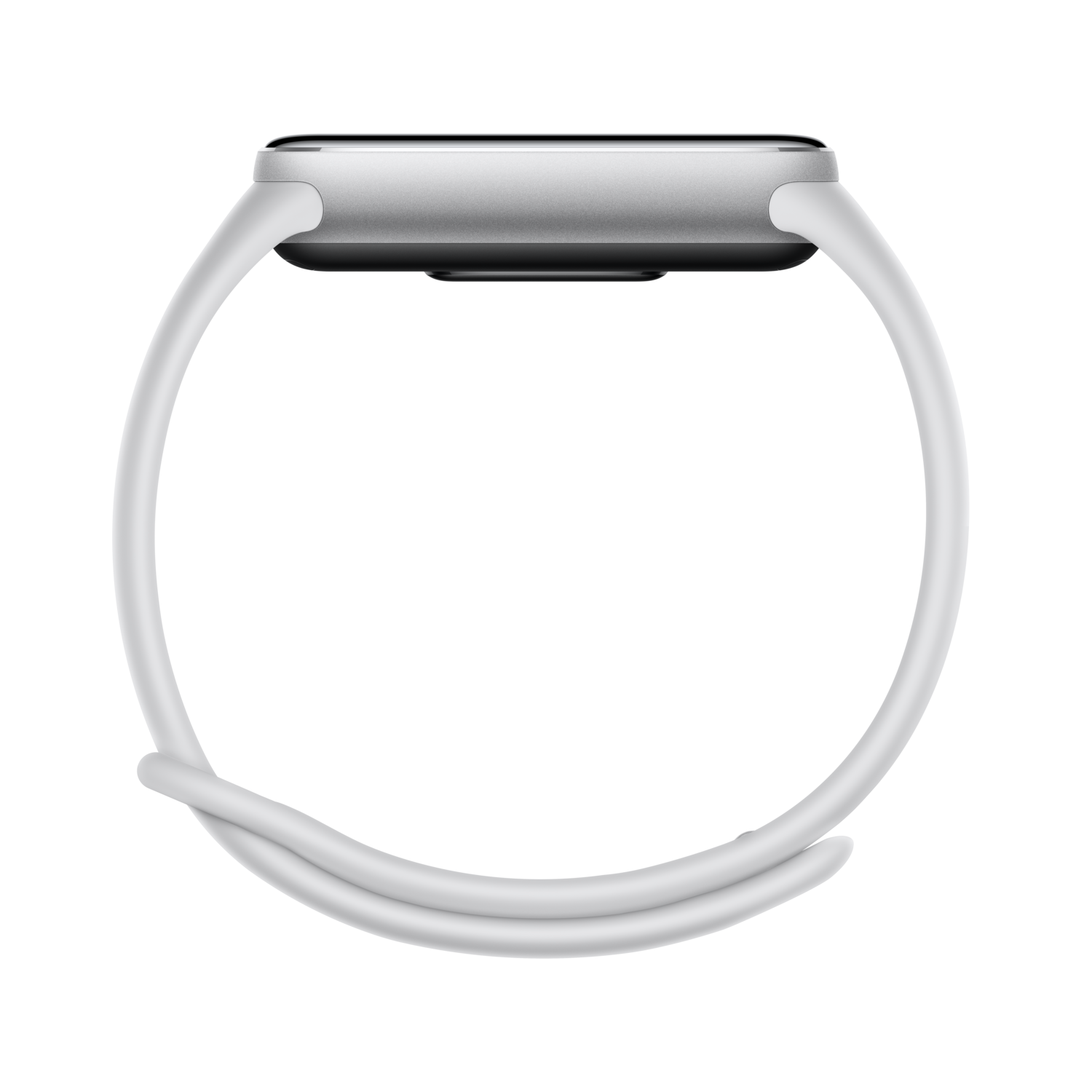 A white smartwatch with a white band is shown against a black background. The watch is silver.