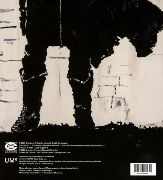 Schwarze Figur mit Beinen und Stiefeln vor hellem Hintergrund mit ziegelartigen Texturen. Album-Credits stehen unten.