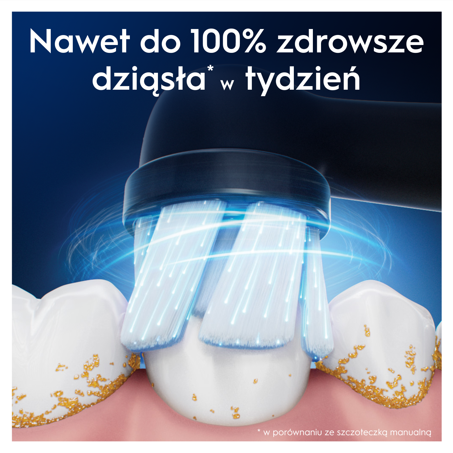 Szczoteczka elektryczna czyszcząca zęby. Tekst: Nawet do 100% zdrowsze dziąsła w tydzień. W porównaniu ze szczoteczką manualną.