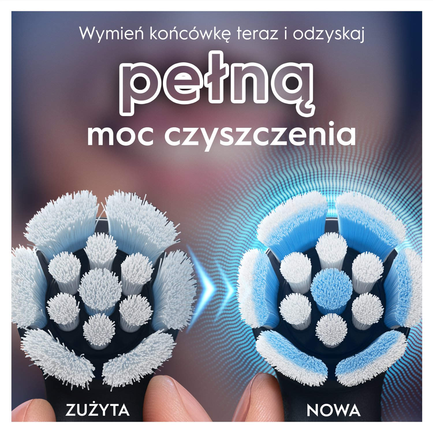 Obraz przedstawia używane i nowe głowice szczoteczek do zębów. Używana jest biała, nowa jest niebiesko-biała. Polski tekst mówi: 'Wymień teraz'.