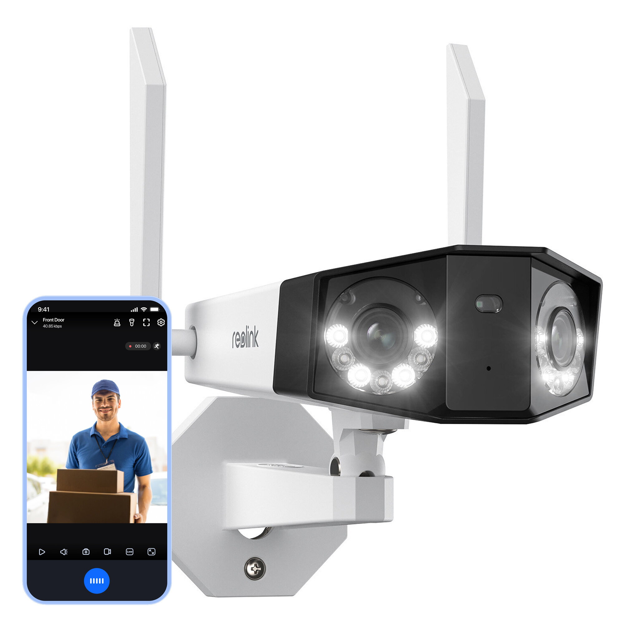 Biało-czarna kamera bezpieczeństwa z antenami. Ekran telefonu pokazuje dostawcę z pudełkami. Scena jest dobrze oświetlona.