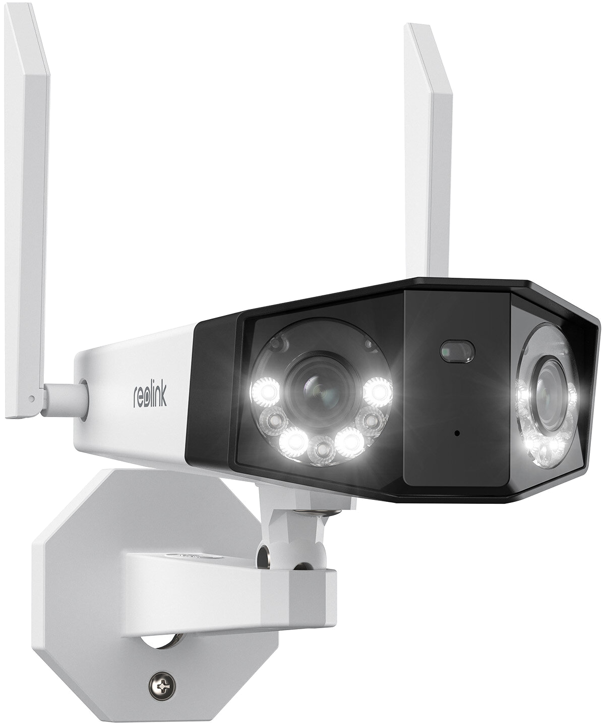 Biało-czarna kamera bezpieczeństwa Reolink z dwiema antenami i jasnymi światłami, zamontowana na białym wsporniku.