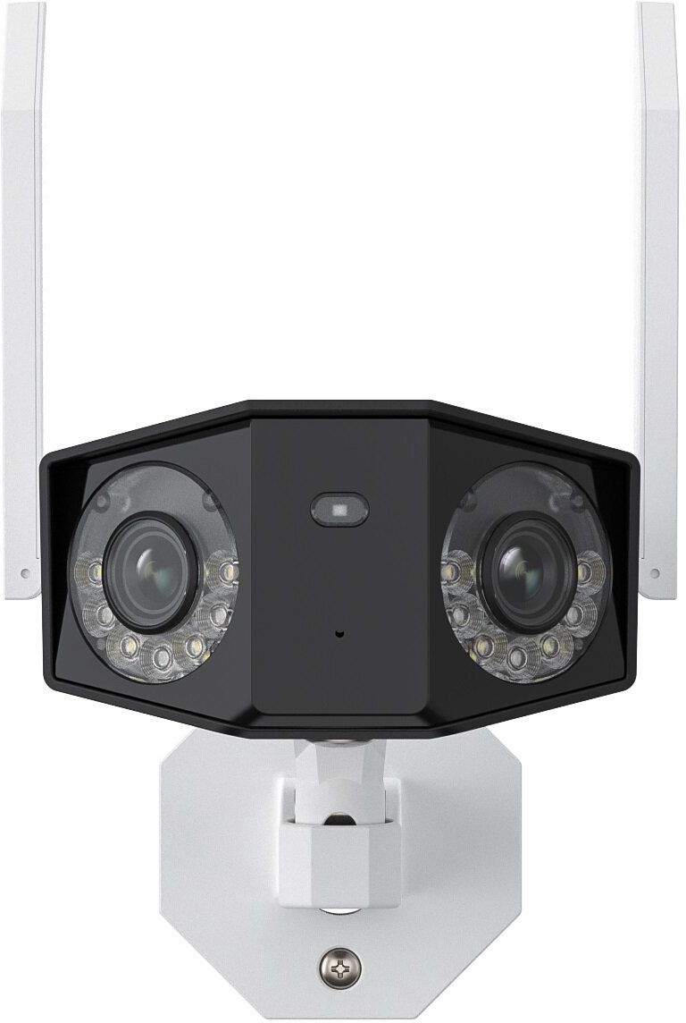 Kamera bezpieczeństwa z dwoma obiektywami, diodami LED i białymi antenami. Kamera jest zamontowana na białym wsporniku.