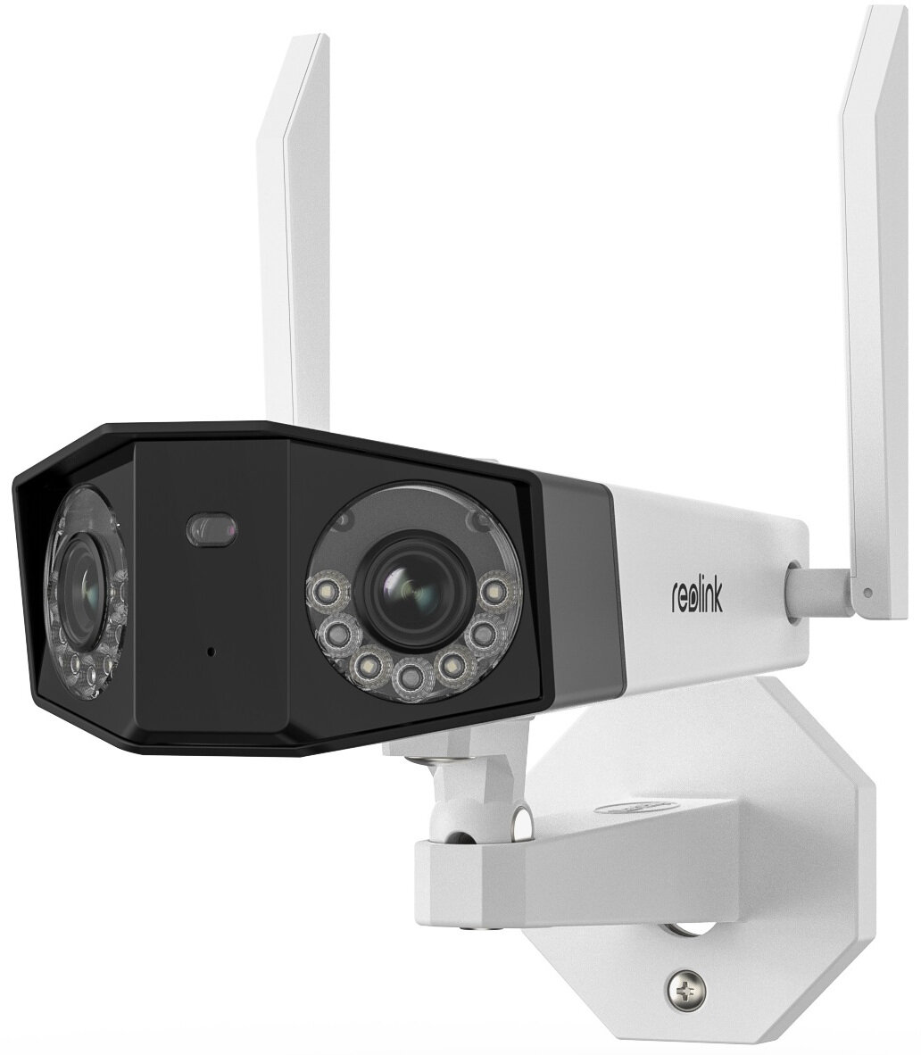 Biało-czarna kamera bezpieczeństwa Reolink z dwoma obiektywami, dwiema antenami i białym wspornikiem montażowym. Tło jest białe.