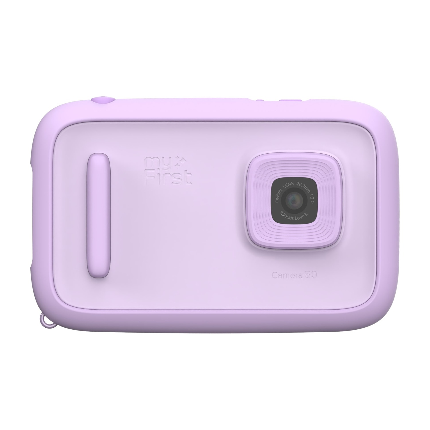 Una fotocamera per bambini viola chiaro con obiettivo, pulsanti e impugnatura. Il testo 'myFirst' e 'Camera 50' sono sulla fotocamera.