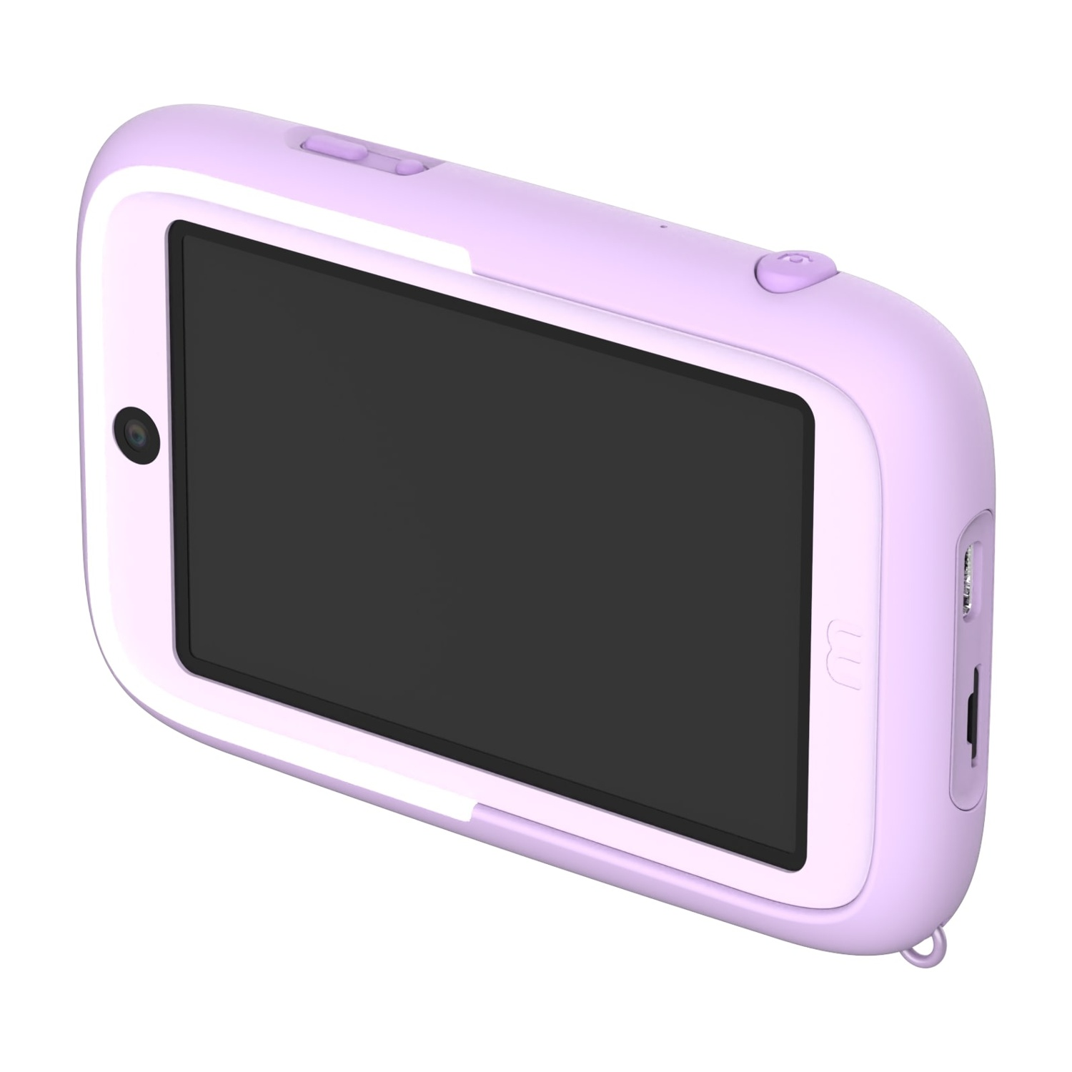 Una fotocamera lilla per bambini con schermo nero. Ha pulsanti in alto e un obiettivo sulla parte anteriore. Un piccolo gancio in basso.