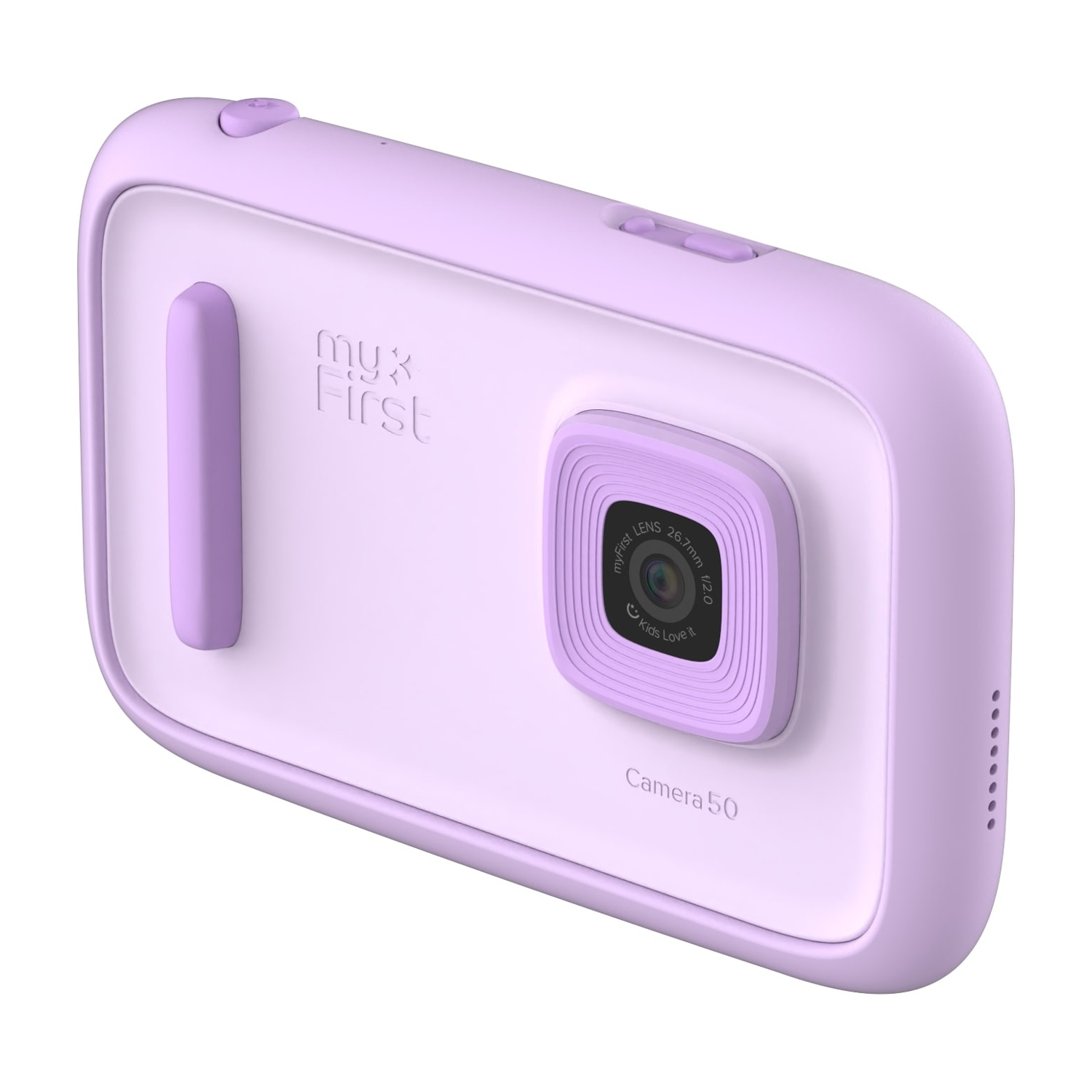 Una fotocamera lilla myFirst 50. Ha un obiettivo, pulsanti e una maniglia. La fotocamera ha il testo 'myFirst' e 'Kids Love it'.