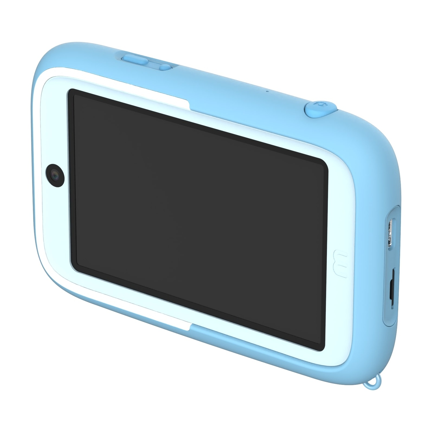 Un dispositivo portatile blu e bianco con schermo nero. Ha pulsanti e porte sul lato e sulla parte superiore. Obiettivo della fotocamera visibile.