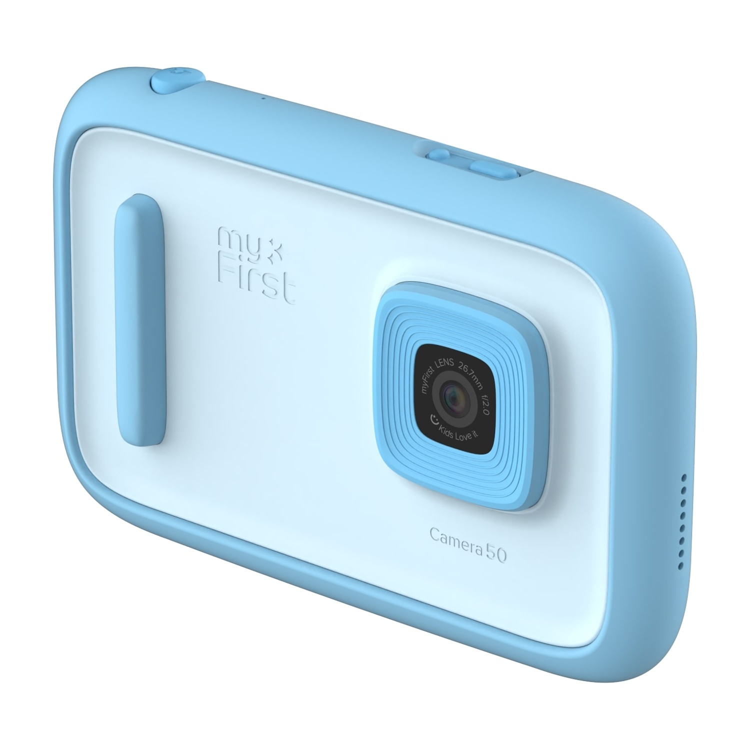 Una fotocamera blu e bianca per bambini. Ha un obiettivo, pulsanti e un'impugnatura. Il marchio 'myFirst' è visibile.