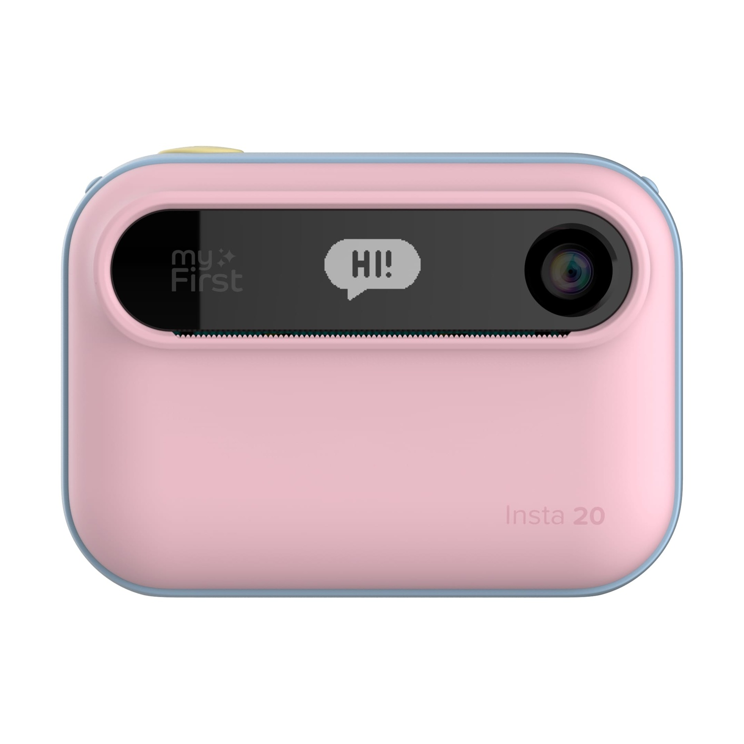 Una fotocamera Insta 20 rosa e blu. Ha uno schermo nero con 'HI!' e 'my first'.