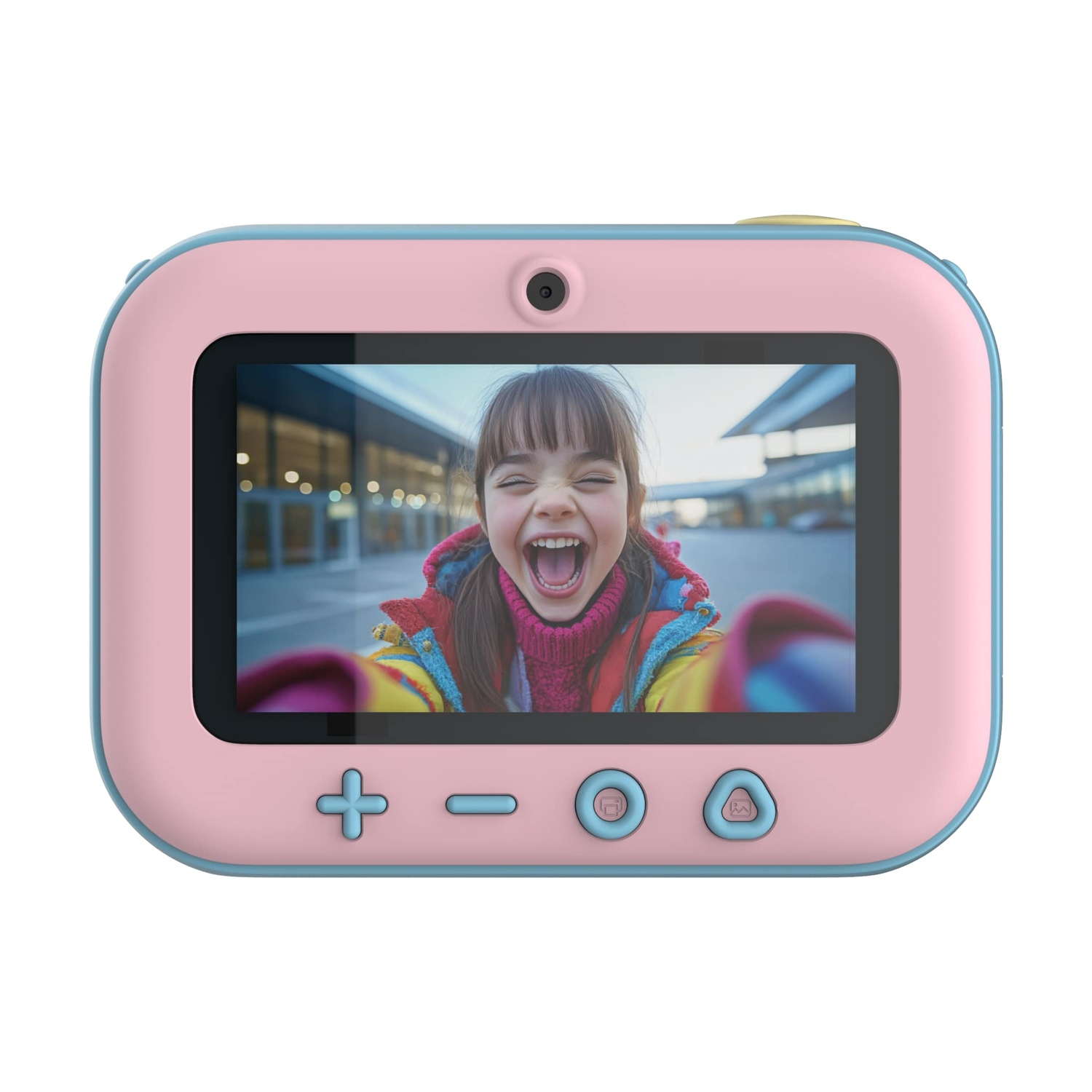 Una fotocamera rosa e blu mostra una bambina sorridente. La fotocamera ha dei pulsanti. Lo sfondo mostra un edificio.