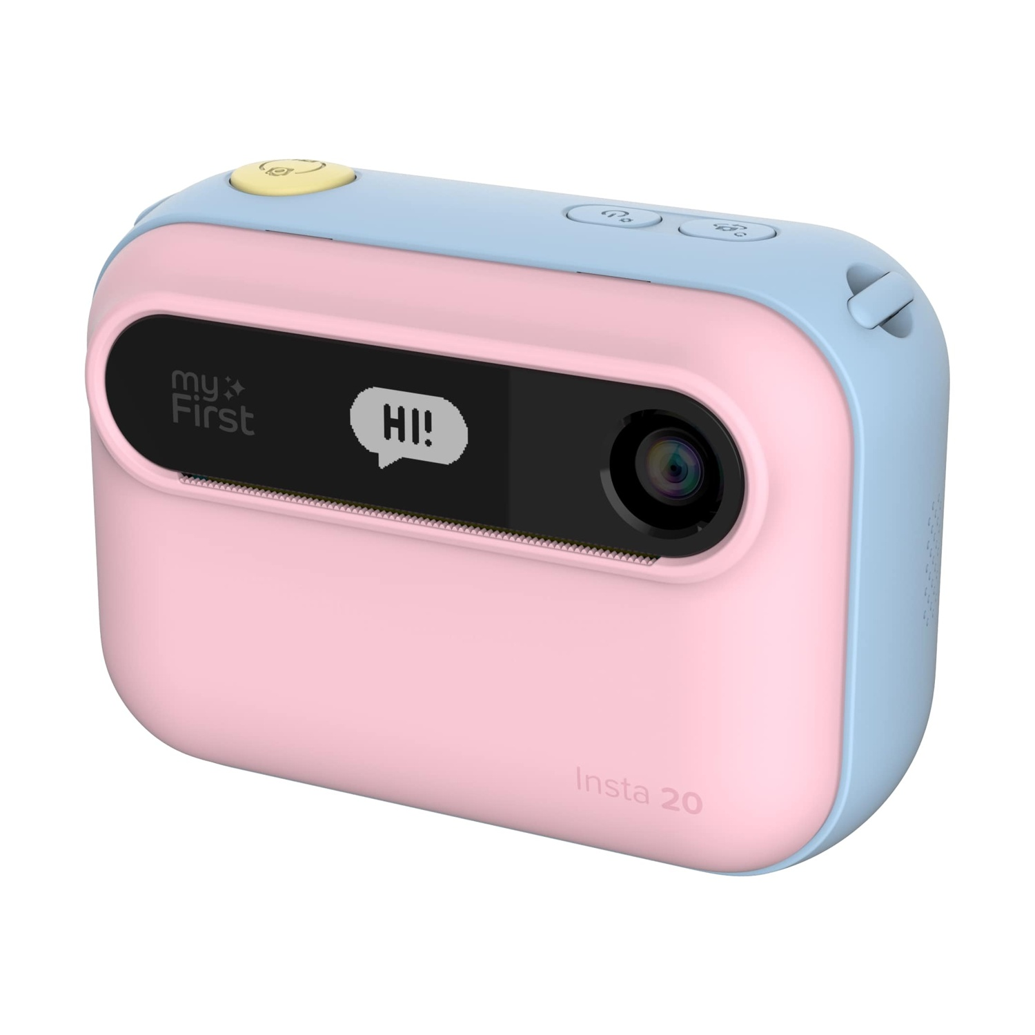 Una fotocamera rosa e blu My First Insta 20. Ha uno schermo che mostra 'HI!'. C'è un obiettivo e dei pulsanti in alto.