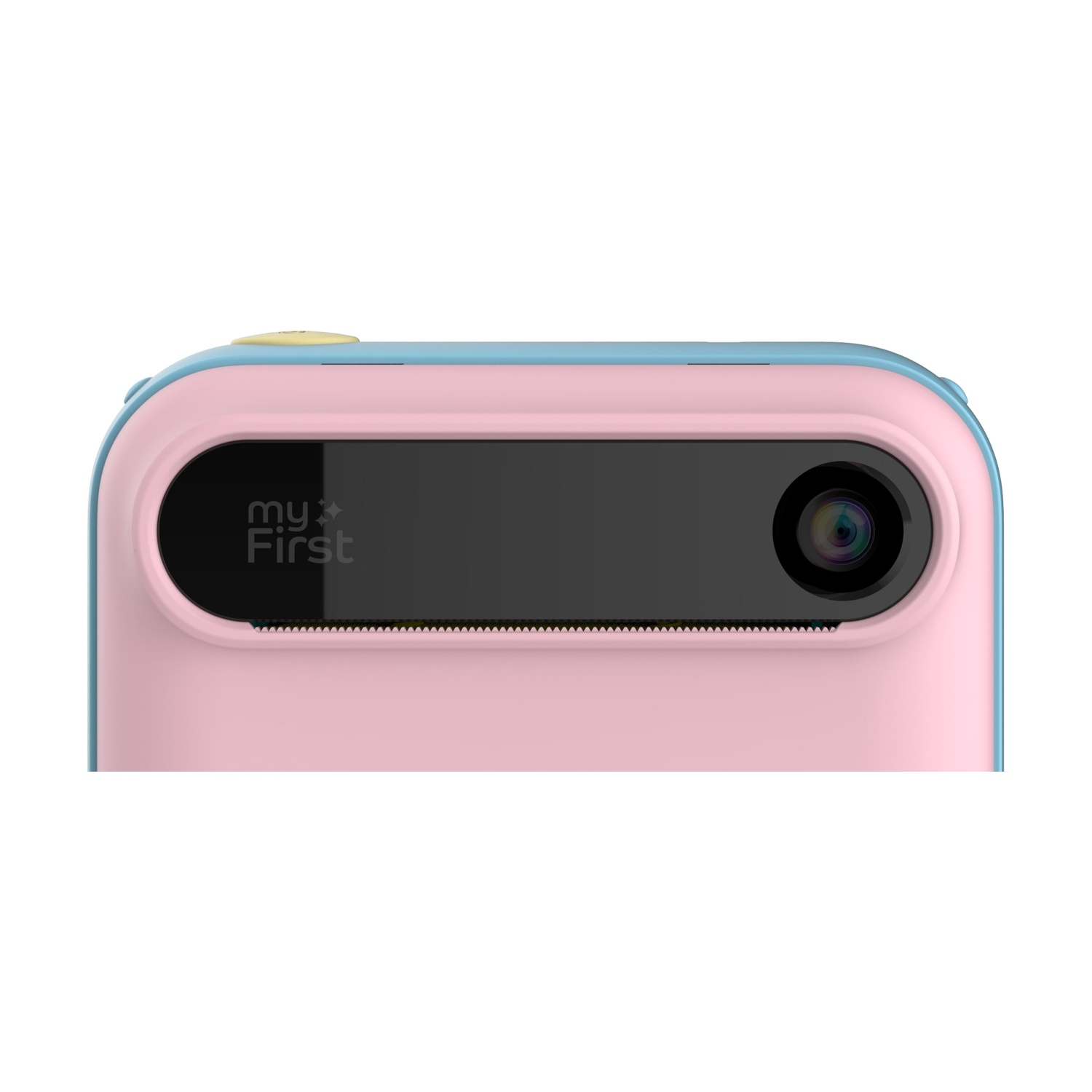 Primo piano di una fotocamera rosa, blu e gialla. Ha un obiettivo nero e le parole 'my First' sul davanti.