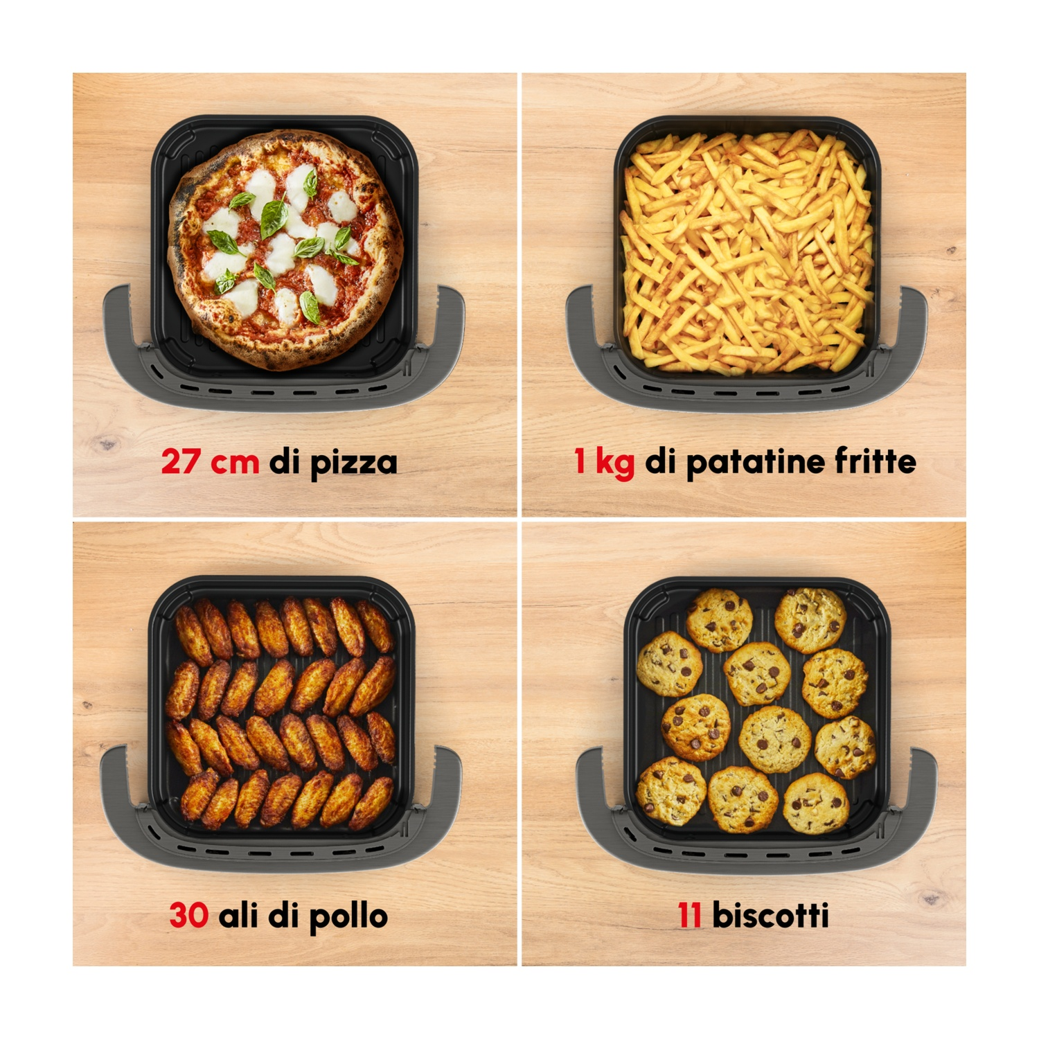 Una pizza da 27 cm con basilico e mozzarella, 1 kg di patatine fritte, 30 ali di pollo e 11 biscotti con gocce di cioccolato.
