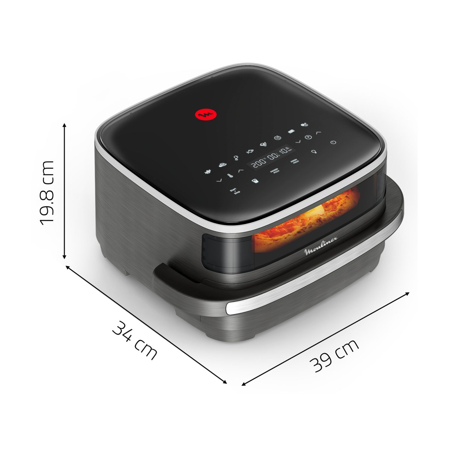 Una friggitrice ad aria con pizza dentro. Nera con display sopra. Dimensioni: 19,8 cm, 34 cm e 39 cm.