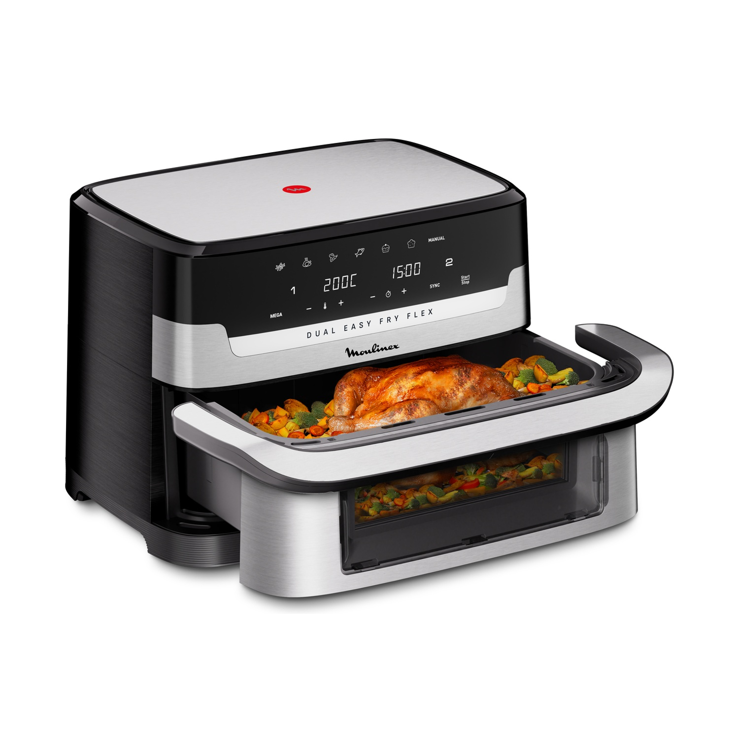 Una friggitrice ad aria Moulinex Dual Easy Fry Flex nera e argento con pollo e verdure cotti.