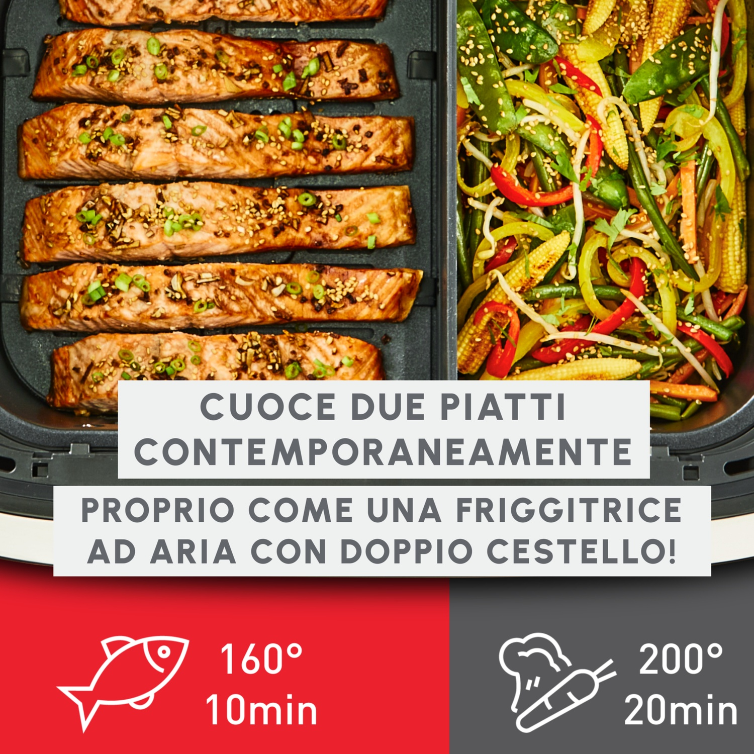 Salmone e verdure cotti in una friggitrice ad aria a doppio cestello. Il testo afferma che cuoce due piatti contemporaneamente, come una friggitrice ad aria a doppio cestello.