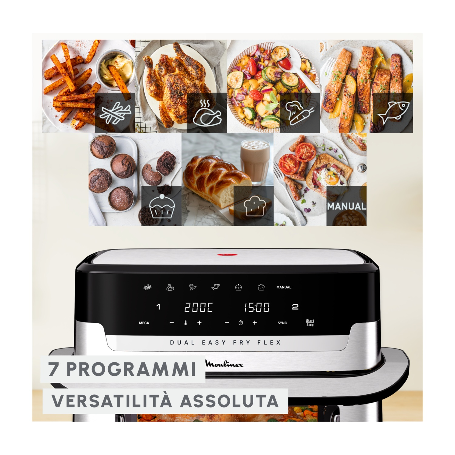 Una friggitrice ad aria mostra varie immagini di cibo e impostazioni. Ha un design nero e argento con comandi digitali e dice '7 programmi'.