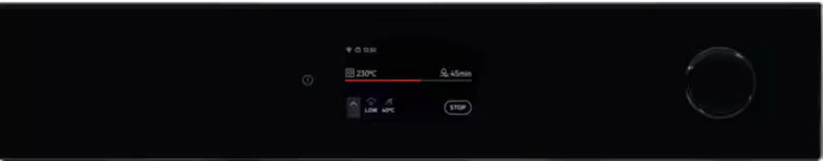 Czarny panel sterowania piekarnikiem z wyświetlaczem temperatury, czasu i ustawień. Pokrętło po prawej.