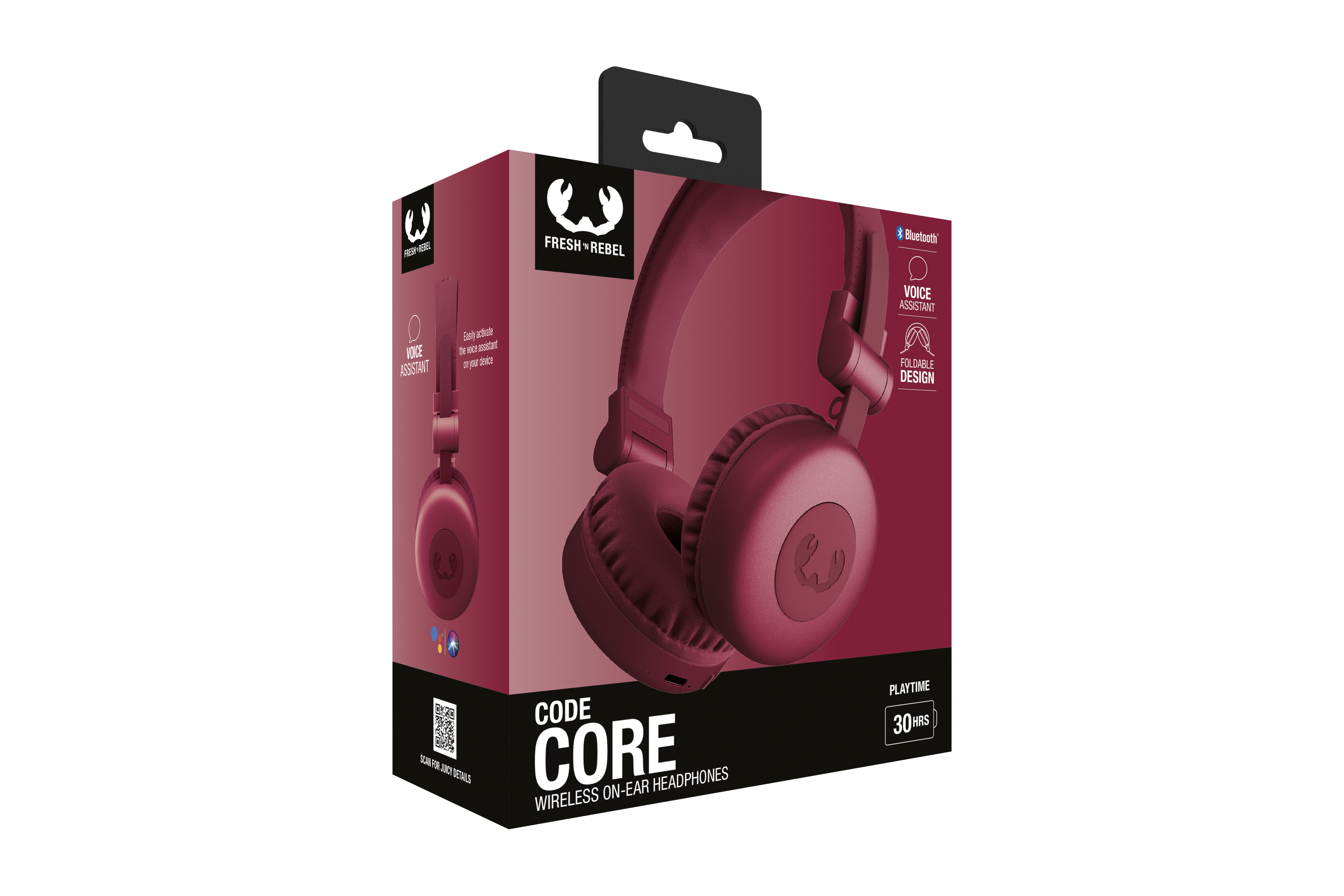 Bordo kablosuz kulaklık kutusu. Metin 'FRESH REBEL', 'CODE CORE', 'VOICE ASSISTANT', 'FOLDABLE DESIGN' ve '30 HRS' içerir.