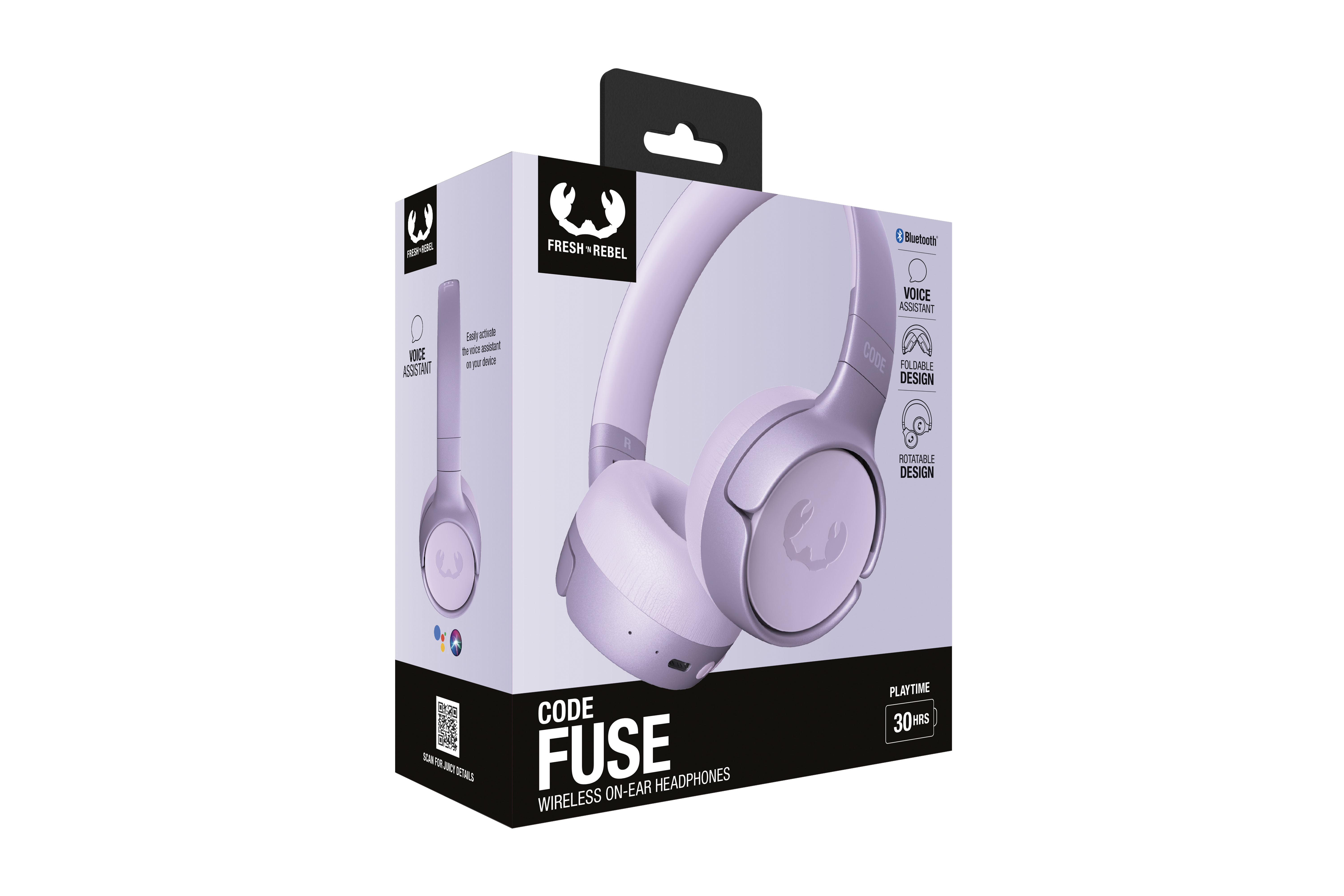 Mor Fresh 'n Rebel Code Fuse kablosuz kulak üstü kulaklık kutusu. Özellikler: sesli asistan ve 30 saat oynatma süresi.