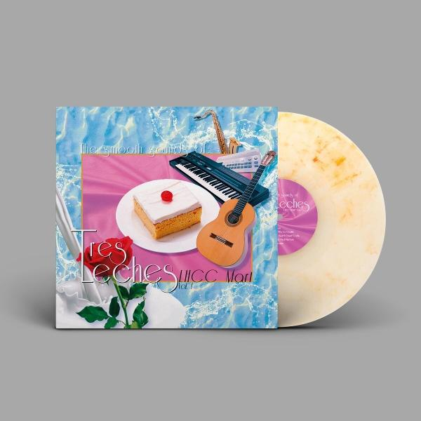 Ein Albumcover mit einem Tres-Leches-Kuchen, Gitarre, Saxophon und Keyboard.