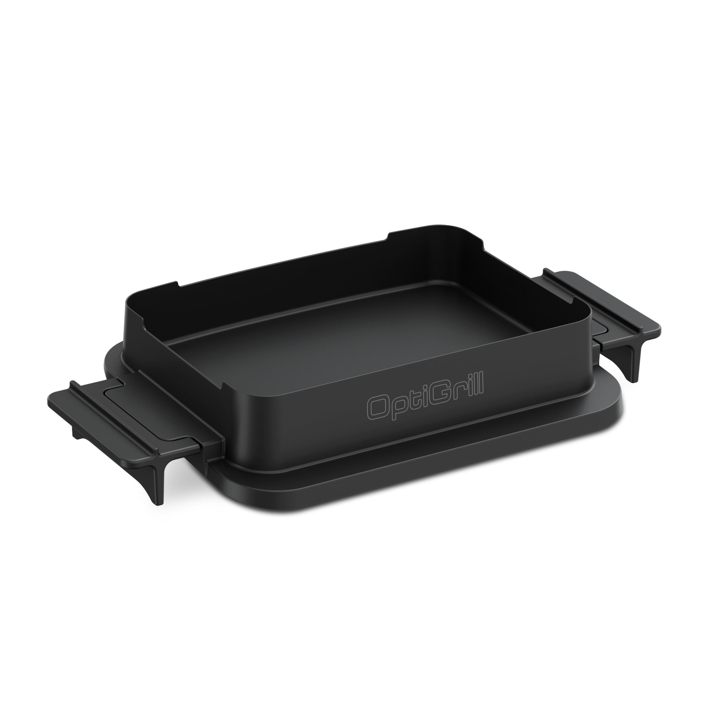Schwarze OptiGrill-Schale auf Weiß. Sie hat Griffe und den Markennamen. Die Schale ist leer.
