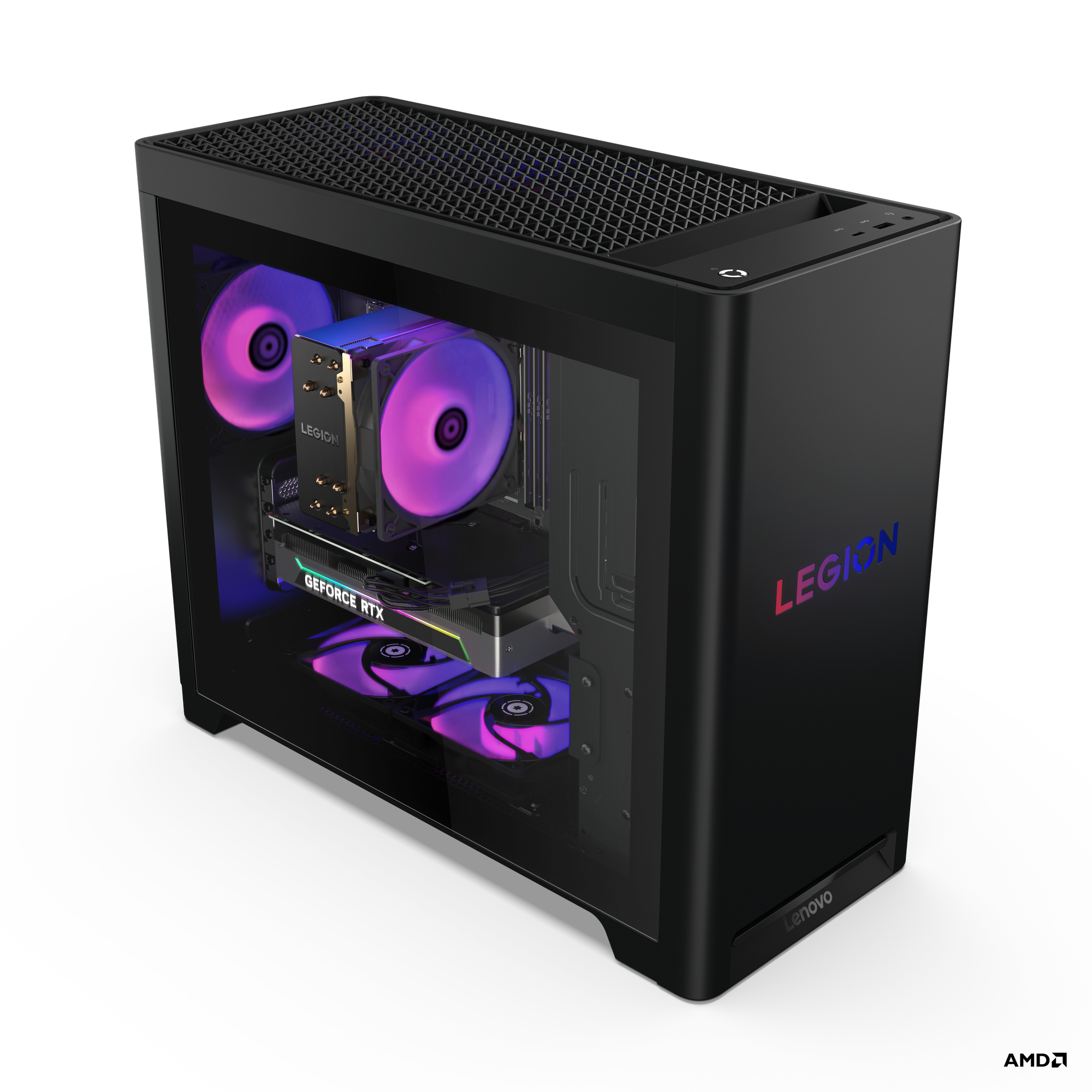 Ein schwarzes Legion-PC-Gehäuse mit internen Komponenten, einschließlich Lüftern mit lila Beleuchtung und GeForce RTX-Grafikkarte.