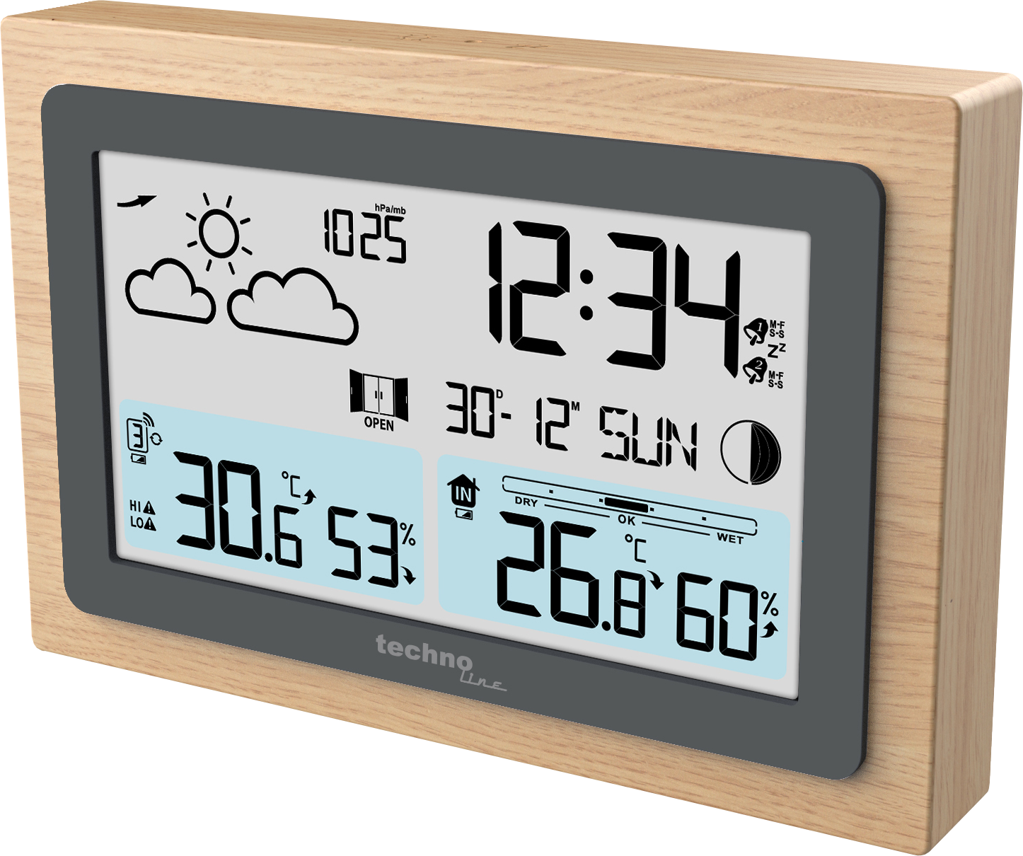 Eine Wetterstation mit Holzrahmen zeigt Zeit, Temperatur, Luftfeuchtigkeit und Wettersymbole an. Der Bildschirm zeigt Datum, Uhrzeit und Mondphase.