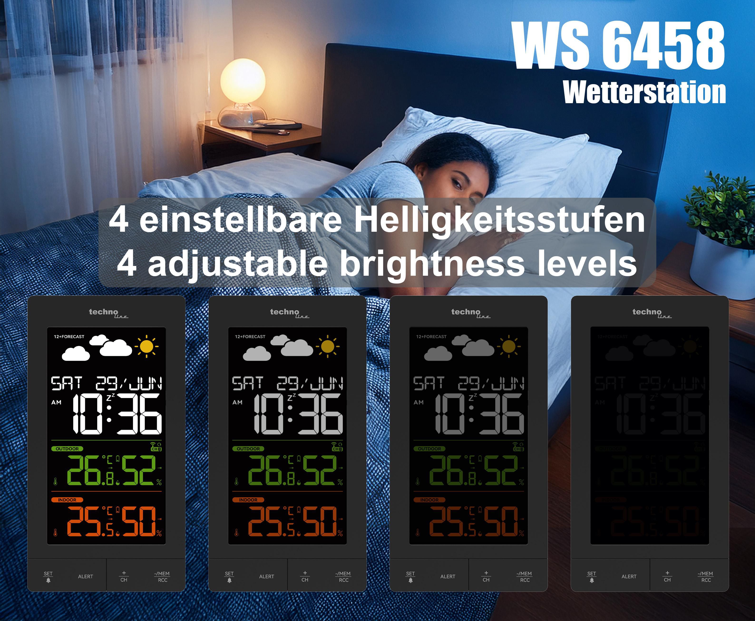 Eine Frau im Bett, Wetterstationen mit Zeit und Temperatur. Text: 4 einstellbare Helligkeitsstufen.