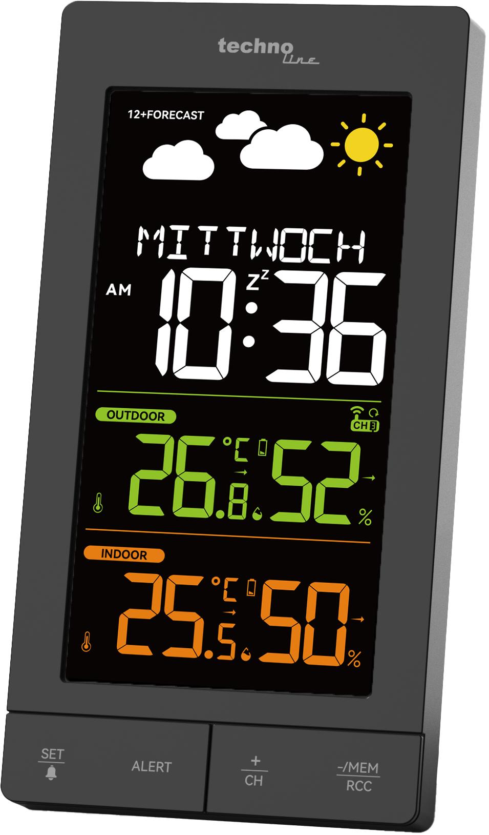 Digitale Wetterstation mit Uhrzeit, Datum und Temperatur. Zeigt Vorhersage mit Wolken und Sonne. Zeigt Außen- und Innenmesswerte.