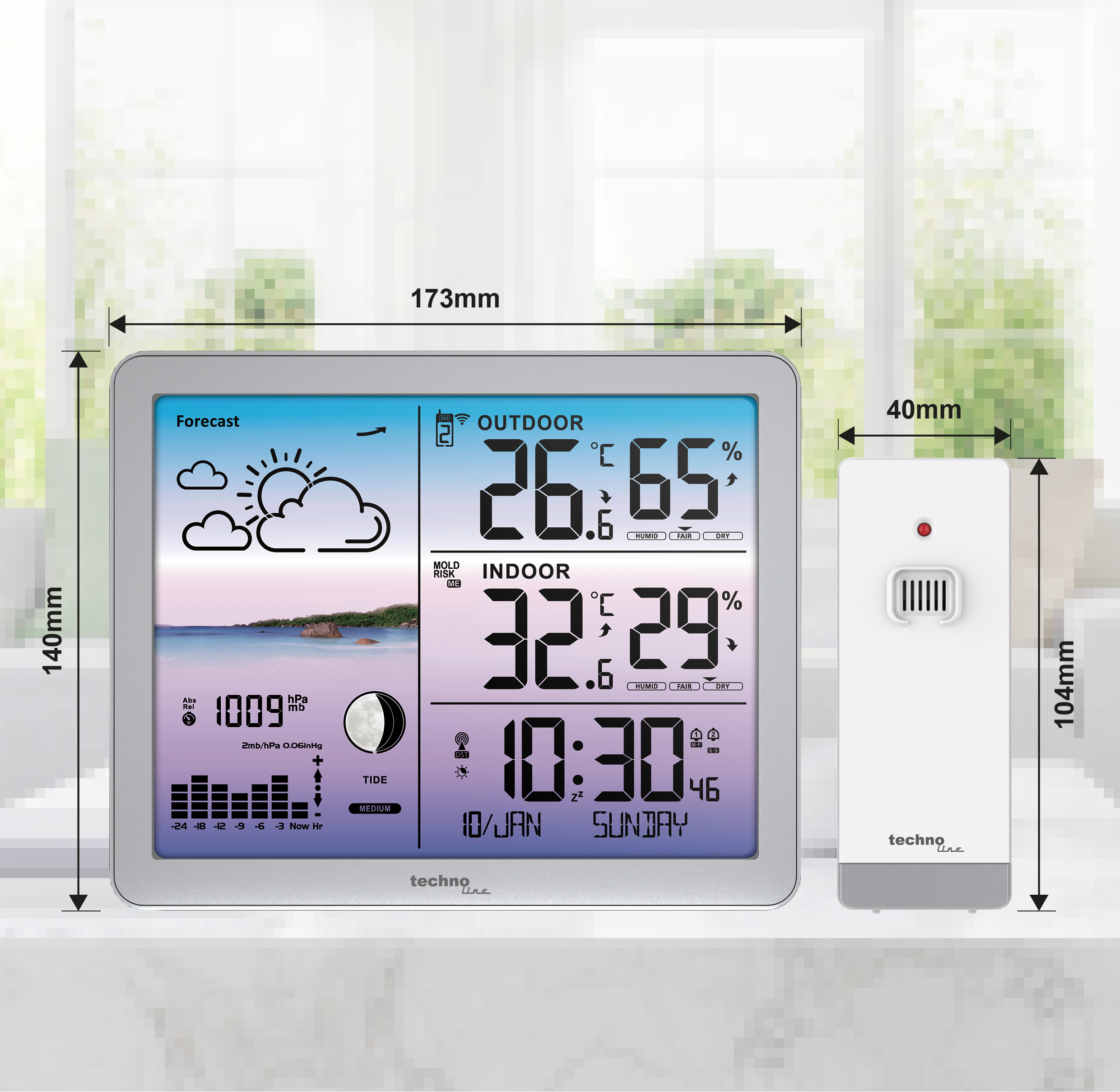 Digitale Wetterstation zeigt Außen- und Innentemperatur, Luftfeuchtigkeit, Datum, Uhrzeit und Wettervorhersage an.