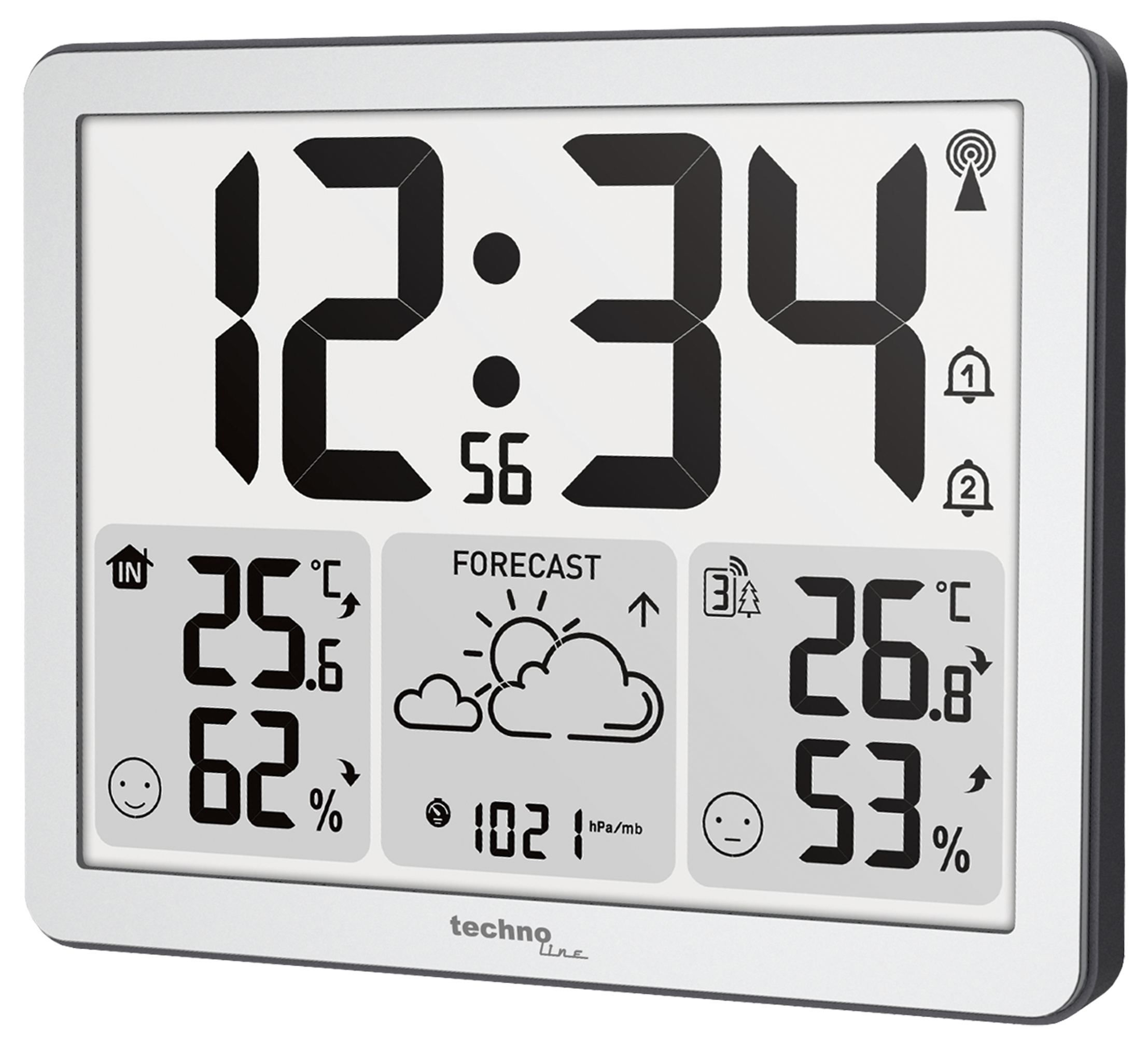 Digitale Wetterstation mit Anzeige von Uhrzeit, Temperatur, Luftfeuchtigkeit und Wettersymbolen. Das Gerät ist weiß mit schwarzem Rahmen.