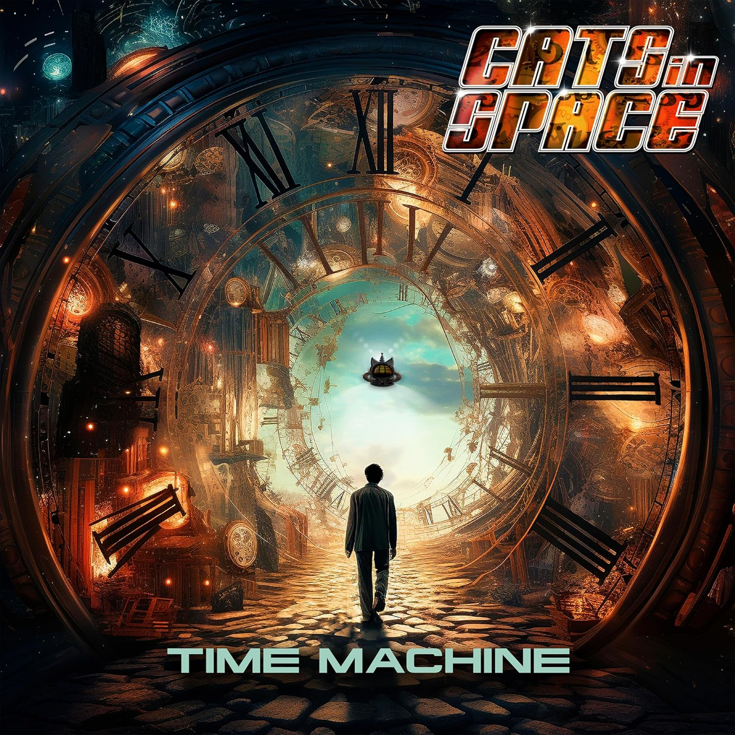 Egy férfi egy óriási óra felé sétál. Az óralap egy portál egy űrhajóval. Alul a "TIME MACHINE" felirat látható.