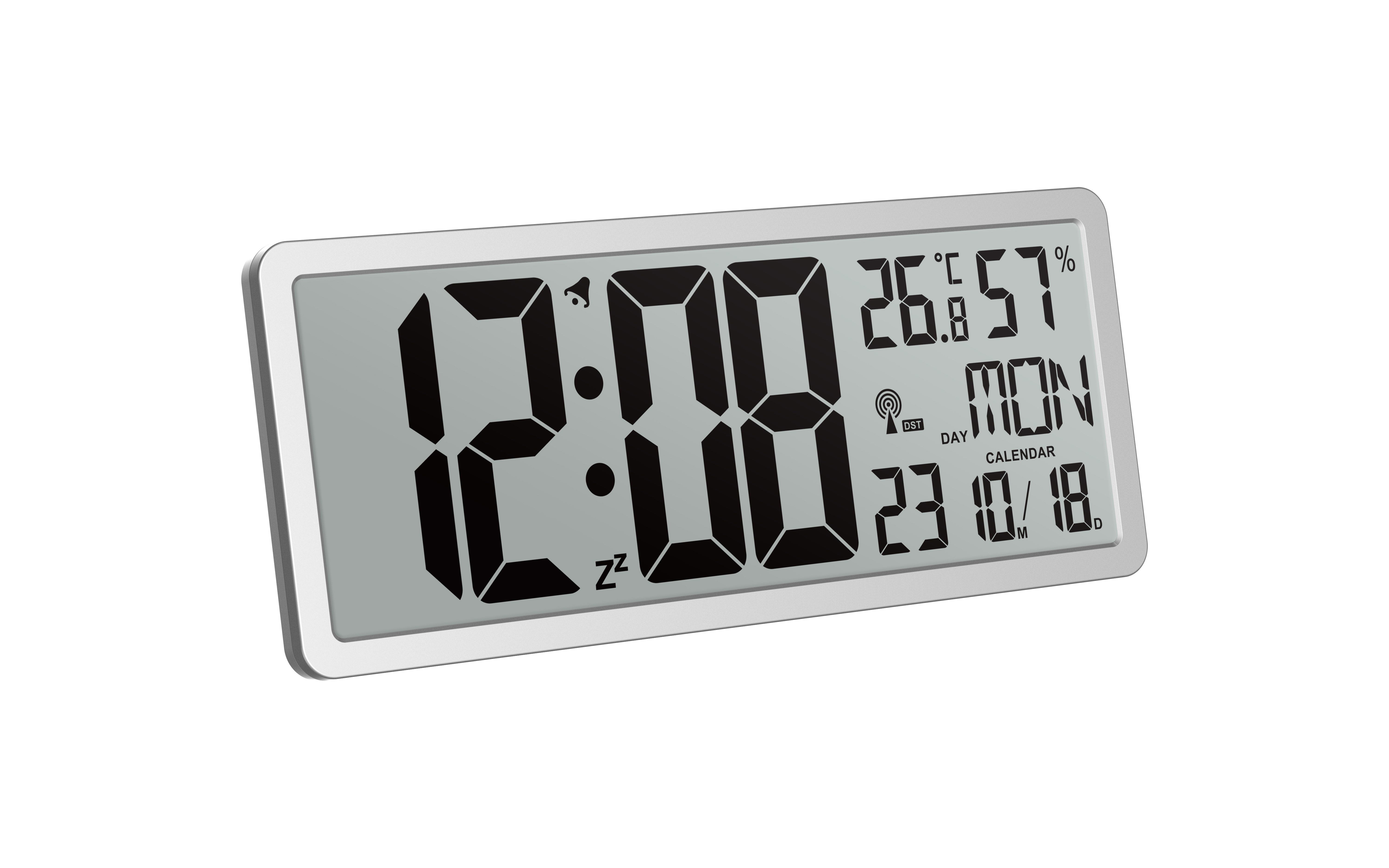 Digitaluhr mit 12:00, Temperatur, Luftfeuchtigkeit, Tag und Datum. Silberner Rahmen auf weißem Hintergrund.