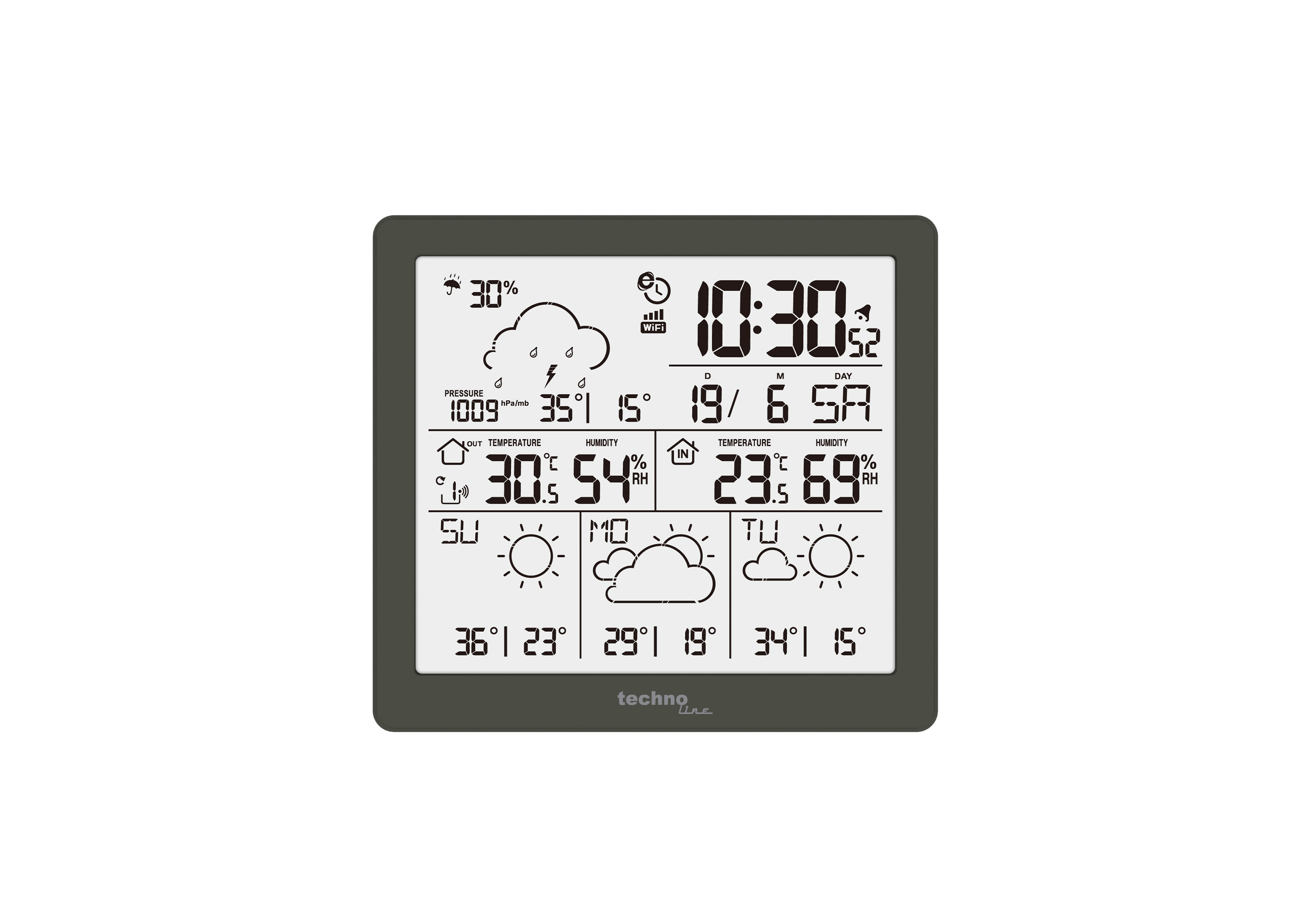 Eine digitale Wetterstation zeigt Zeit, Datum und Wettervorhersagen an. Sie zeigt Temperatur, Luftfeuchtigkeit und Wettersymbole.