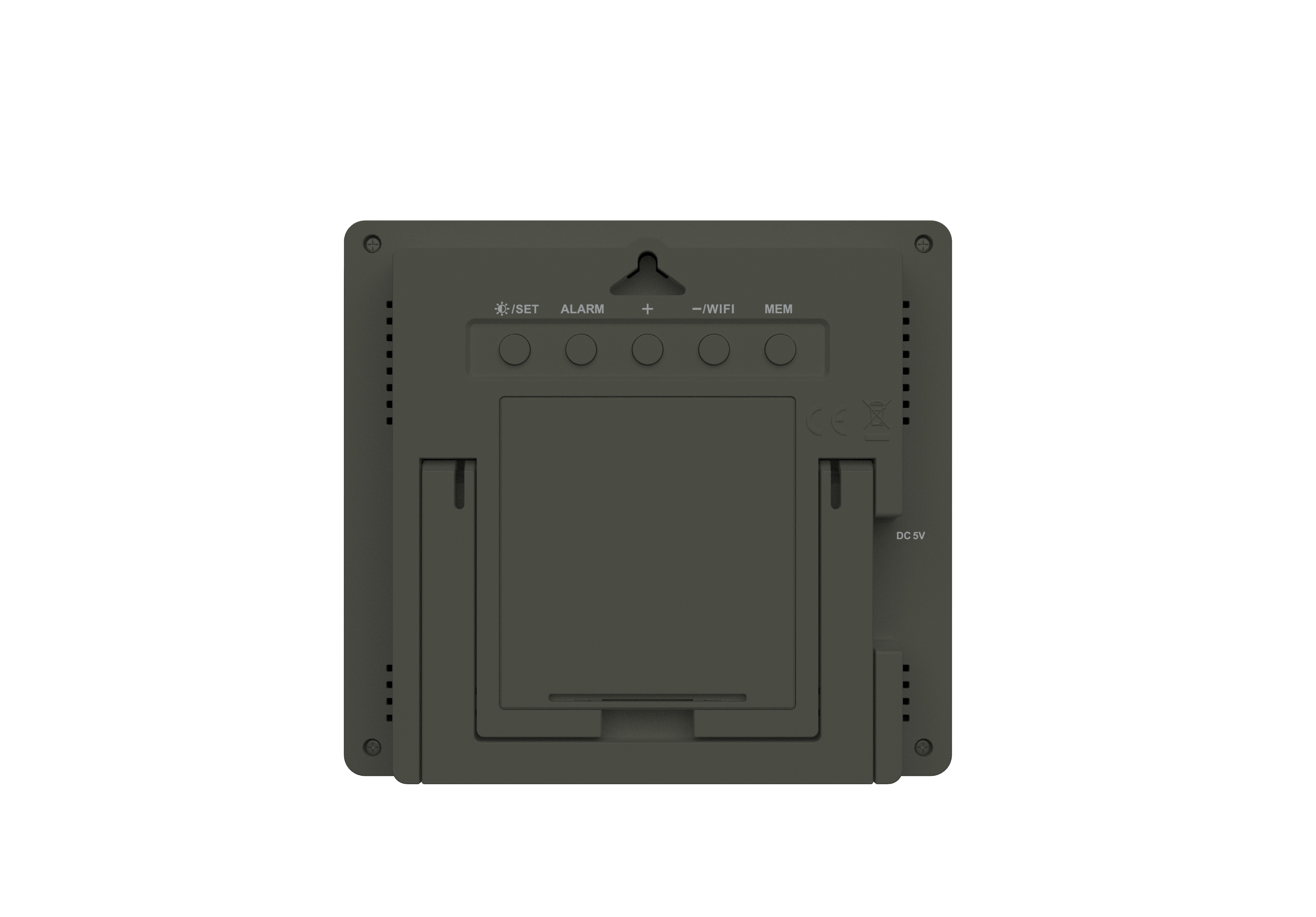 Rückseite einer Digitaluhr. Sie ist grau mit Tasten für Set, Alarm und WLAN. Auf der Rückseite befindet sich ein Ständer.