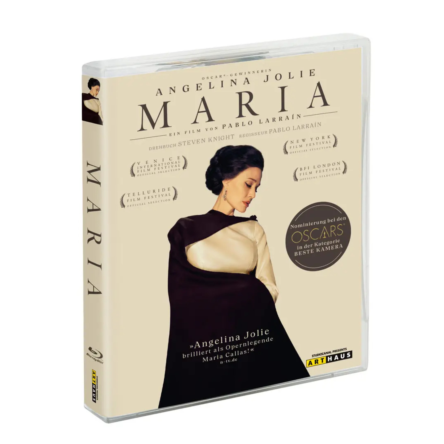 Couverture DVD de 'Maria' avec Angelina Jolie. Elle comprend du texte, des logos de récompenses et une photo de Jolie.