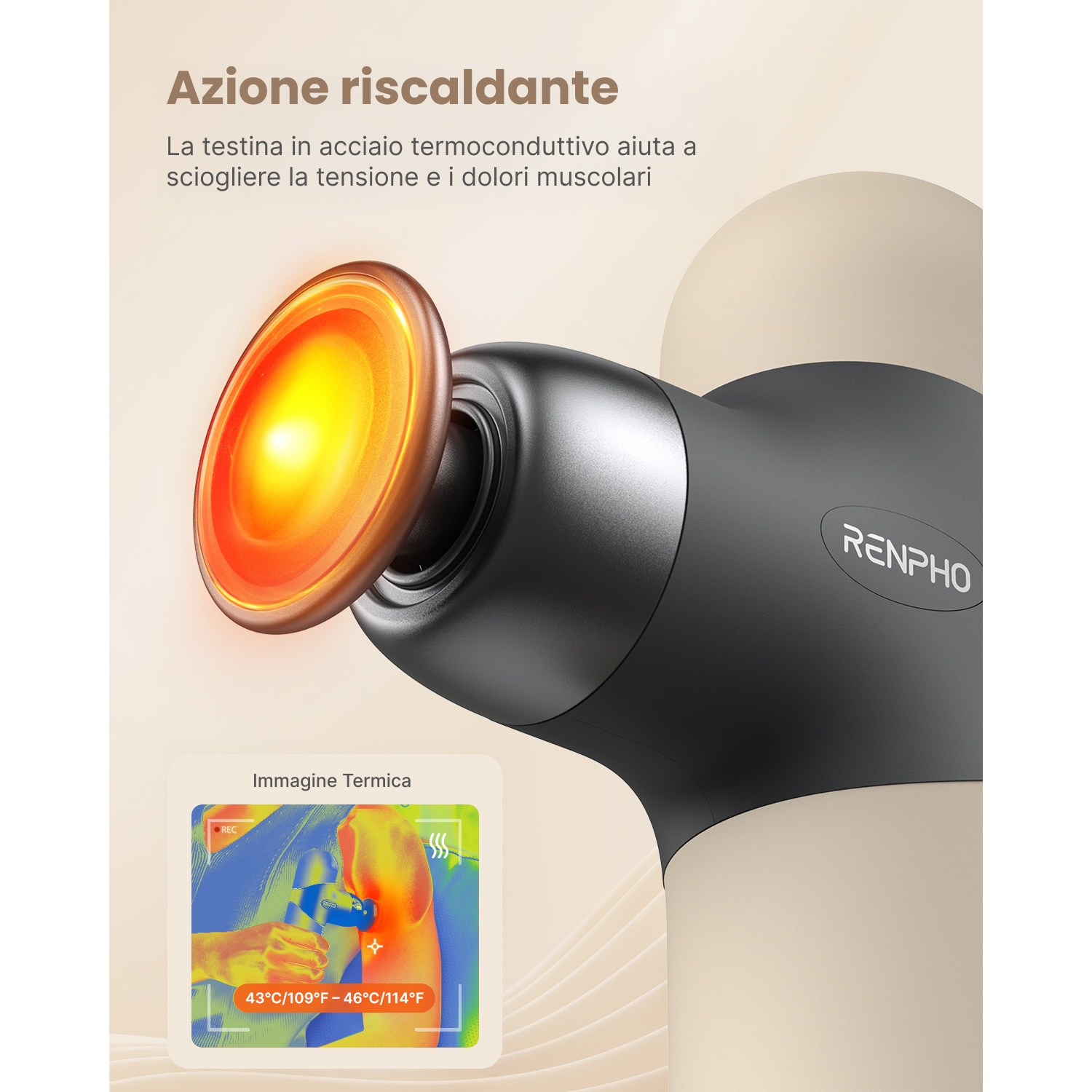 Un dispositivo di massaggio riscaldato con testina rossa incandescente. Un'immagine termica mostra l'uso del dispositivo. Testo in italiano sull'azione rilassante muscolare.