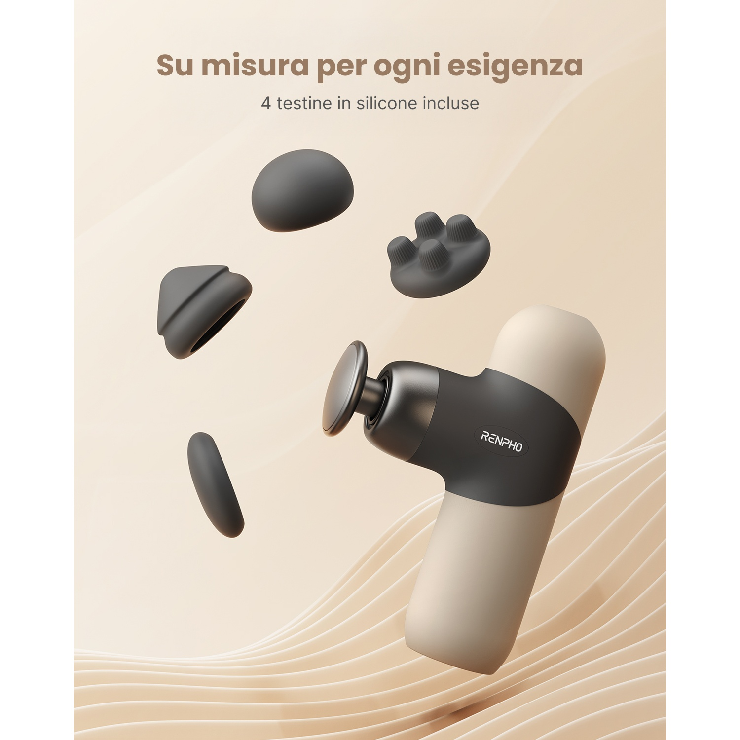 Una pistola massaggiante con 4 testine in silicone. La pistola è beige e nera, le testine sono grigie. Testo: 'Su misura per ogni esigenza' e 'RENPHO'.