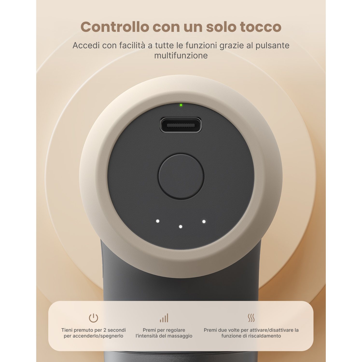 Un dispositivo con un pulsante e tre luci. Il testo indica che può essere acceso/spento, regolare l'intensità e attivare/disattivare il calore.