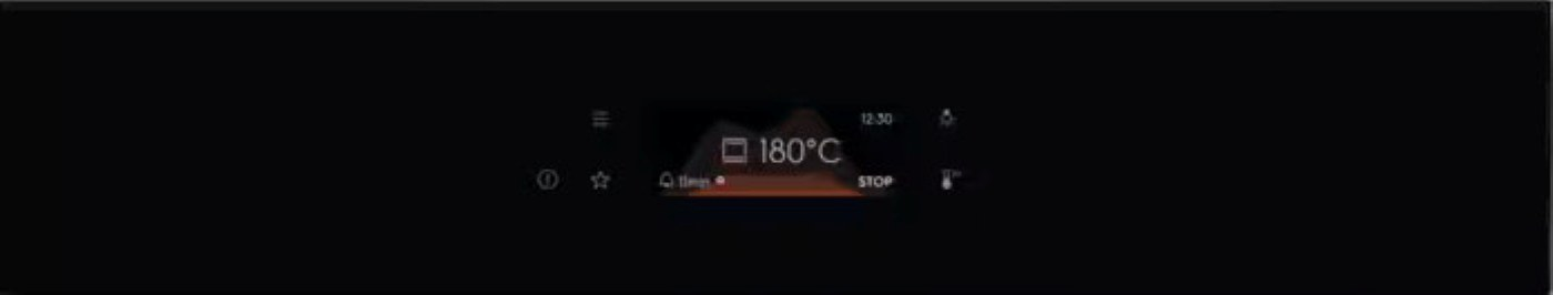 Czarny panel sterowania piekarnika z temperaturą 180°C, timerem i ikonami.