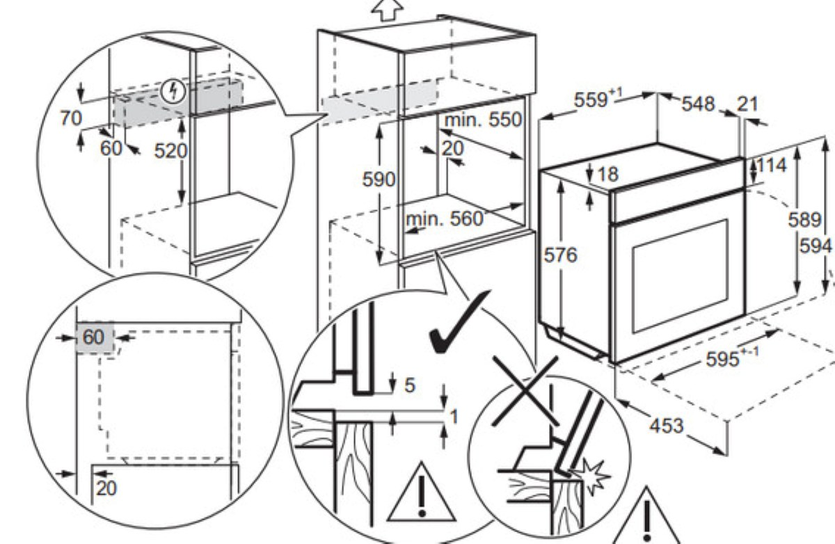 Schemat piekarnika z wymiarami i instrukcjami instalacji, w tym wymiary wycięć w szafce i ostrzeżenia.