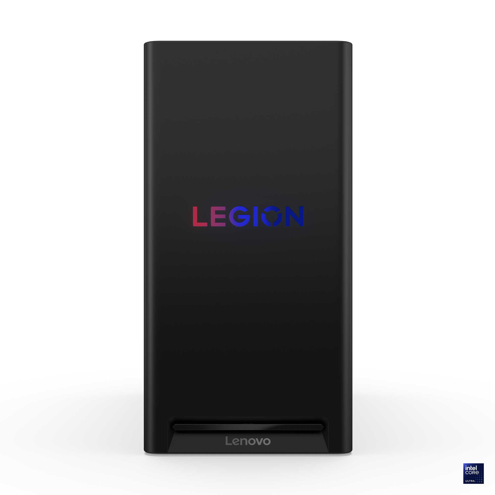 Ein schwarzer Lenovo Legion Desktop. Das Legion-Logo befindet sich in der Mitte, Lenovo unten. Intel Core Ultra Logo rechts.
