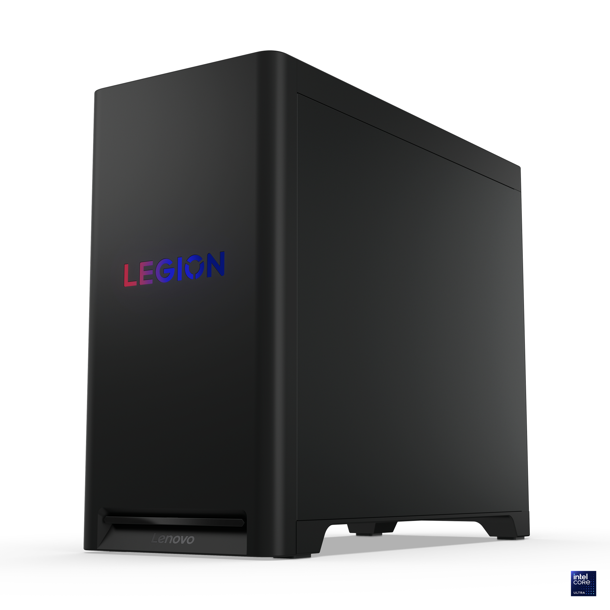 Schwarzer Lenovo Legion Desktop-Computer. Das Wort LEGION ist in Rot und Blau. Intel Core Ultra Logo sichtbar.