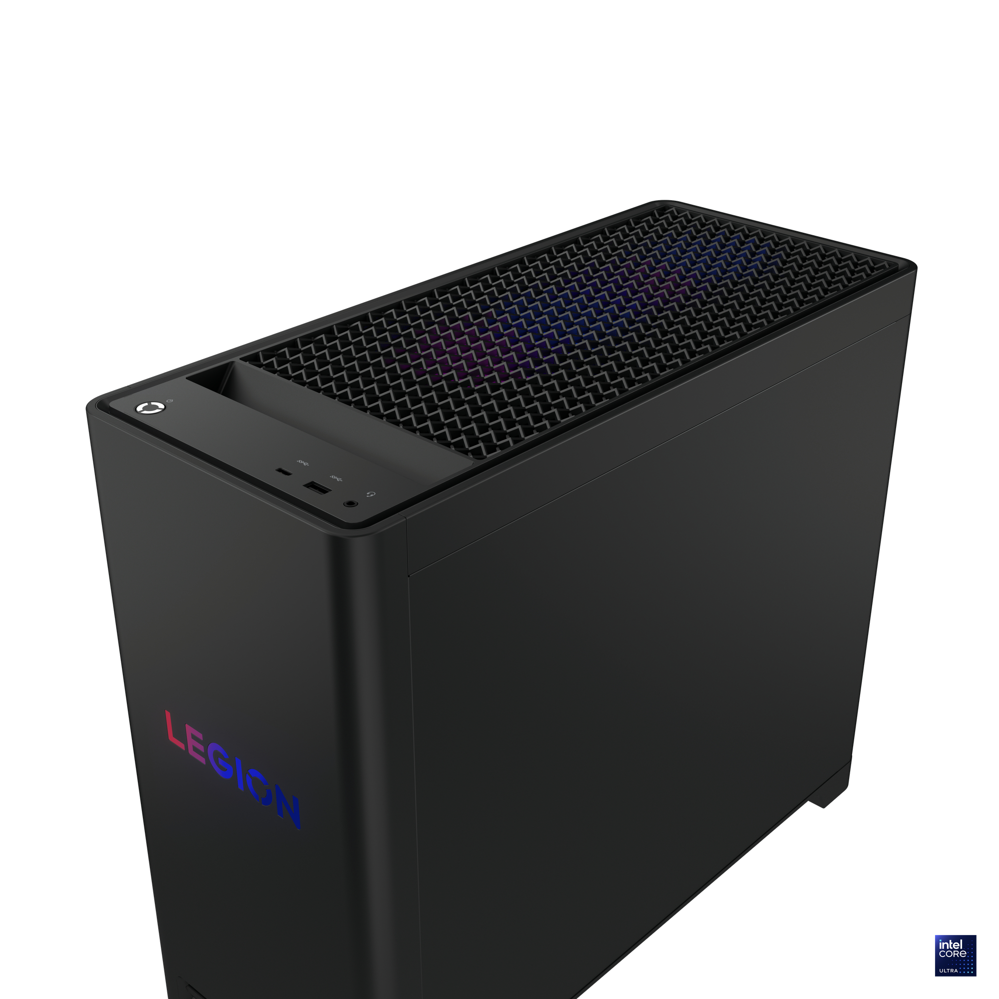 Schwarzer Legion PC-Turm mit farbenfroher Oberseite. Mit Legion-Logo und Intel Core Ultra-Branding.