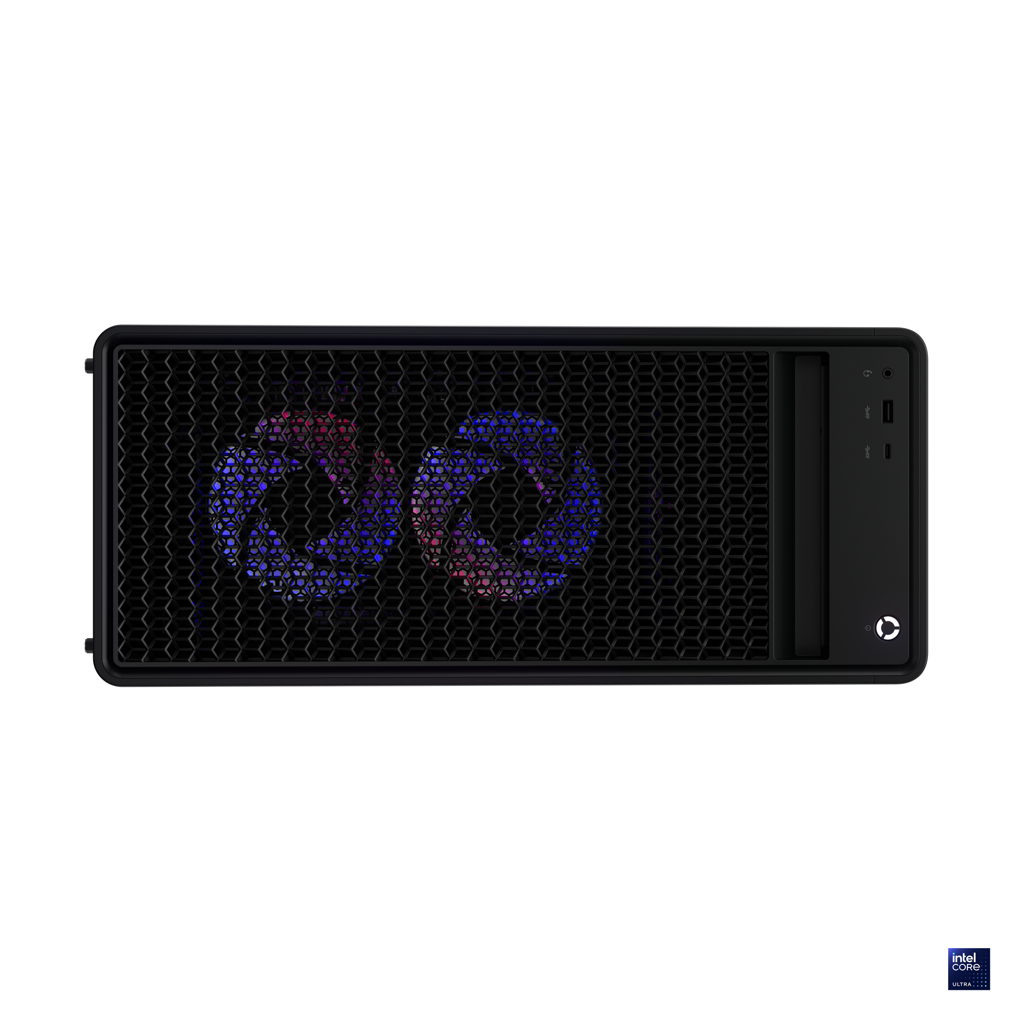 Schwarzes Computergehäuse mit Wabenmuster. Sichtbare Lüfter mit blauen und roten Lichtern. Intel Core Ultra Logo unten rechts.