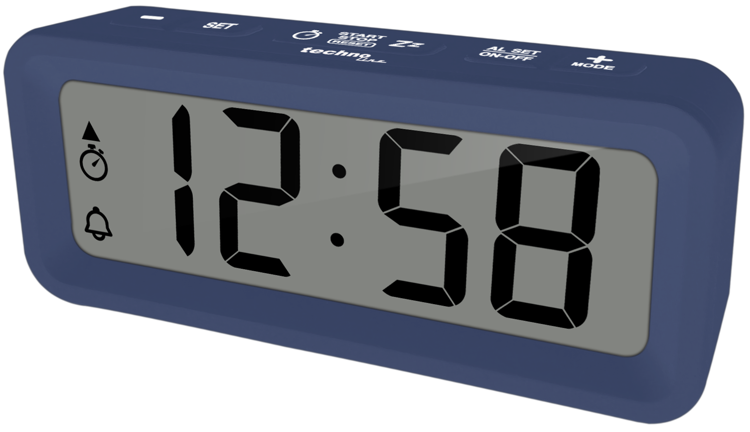 Ein blauer digitaler Wecker zeigt 12:58 an. Er hat Knöpfe für Set, Start/Stopp, Schlummerfunktion, Alarm und Modus.